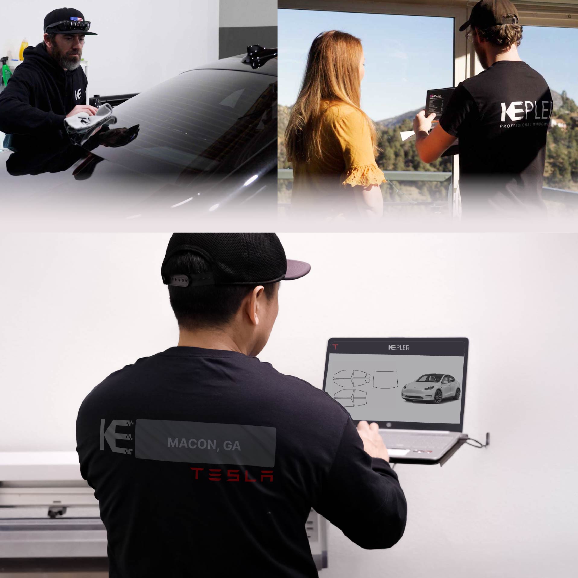 Kepler Technician Installing Advanced Window Tint to Tesla in Macon