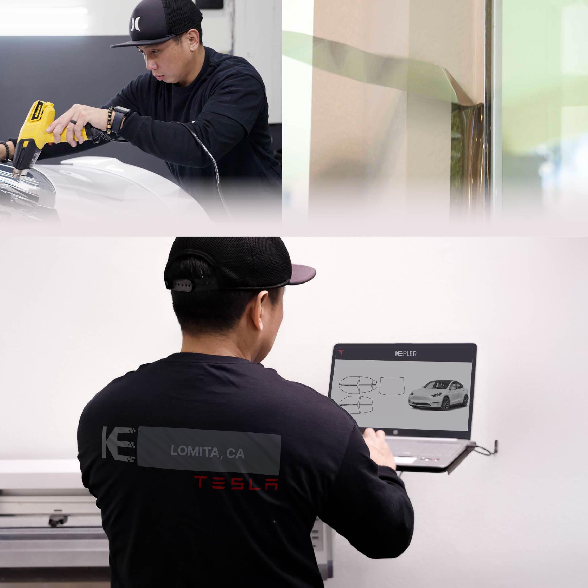 Expert Technician Applying Advanced Window Tint to Tesla in Lomita