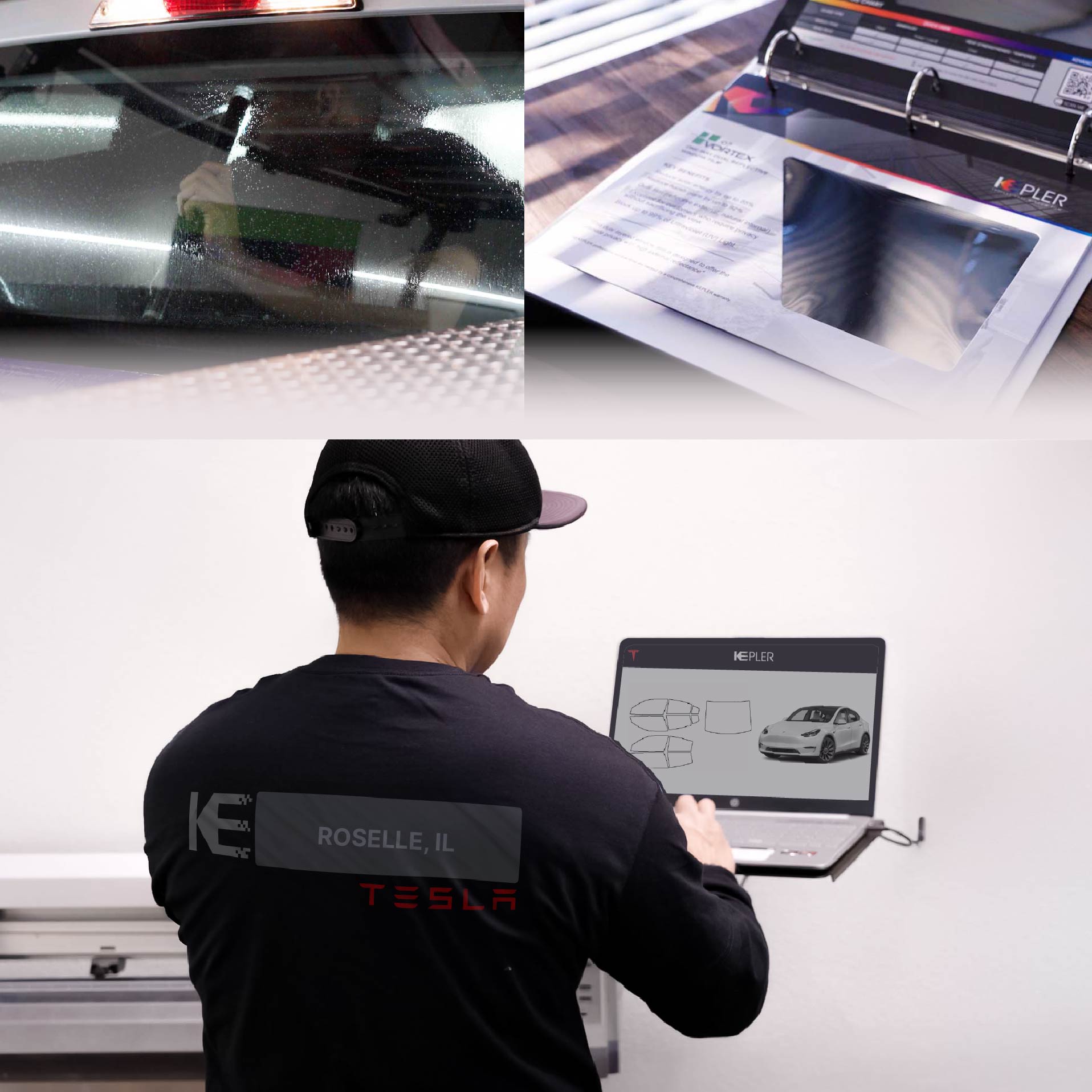 Expert Technician Applying Ceramic Window Tint to Tesla in Roselle