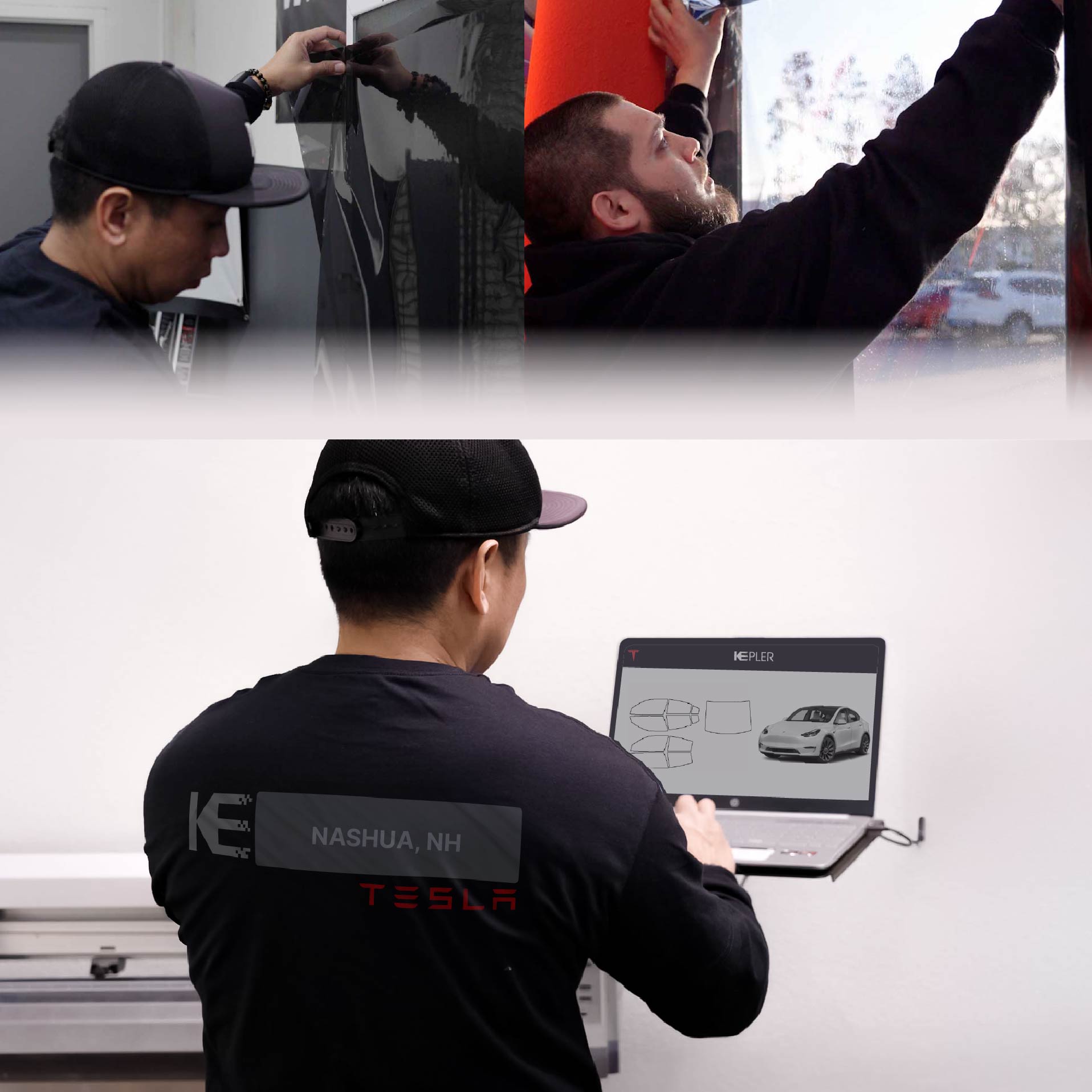 Expert Technician Fitting High-tech Window Tint to Tesla in Nashua