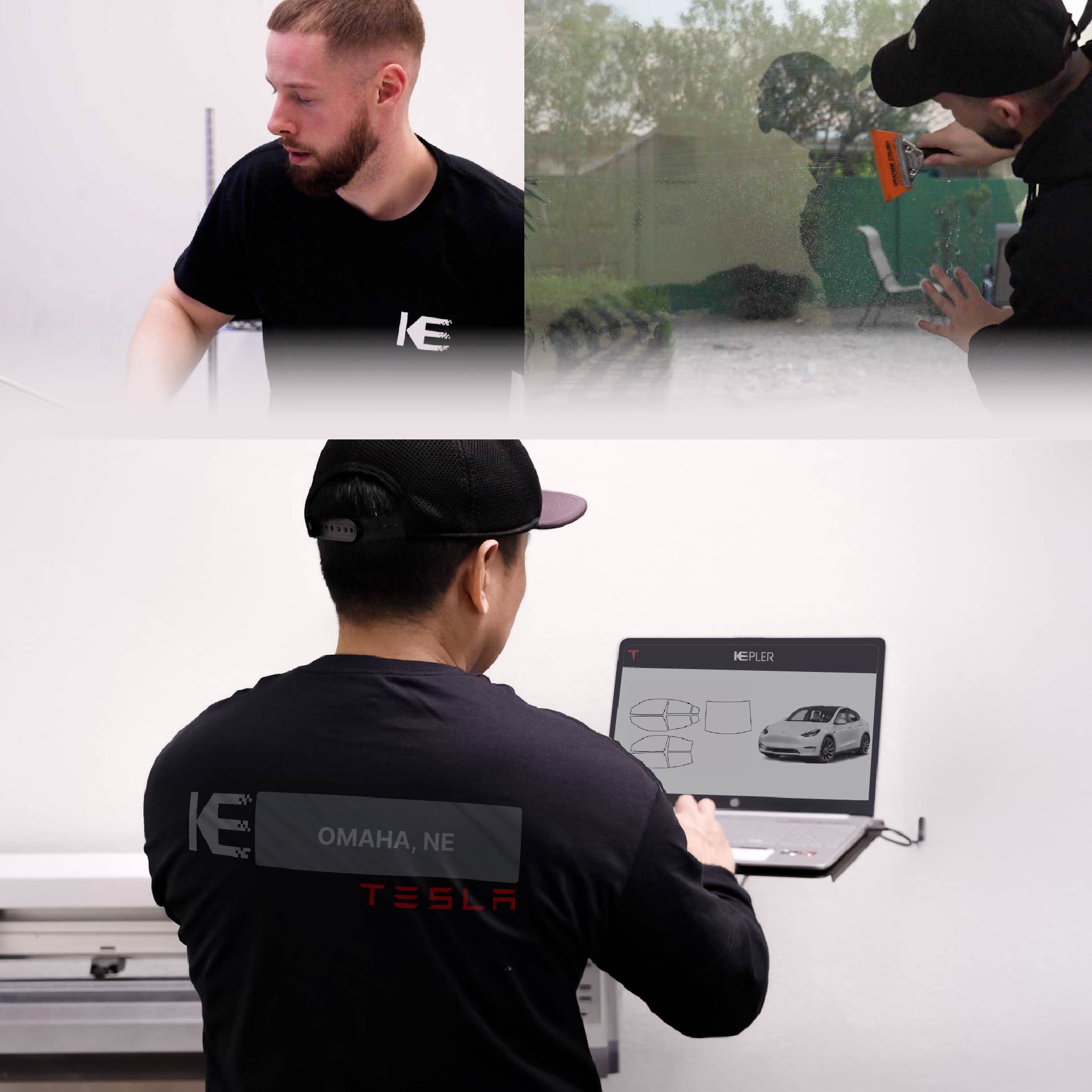 Kepler Technician Fitting Ceramic Window Tint to Tesla in Omaha