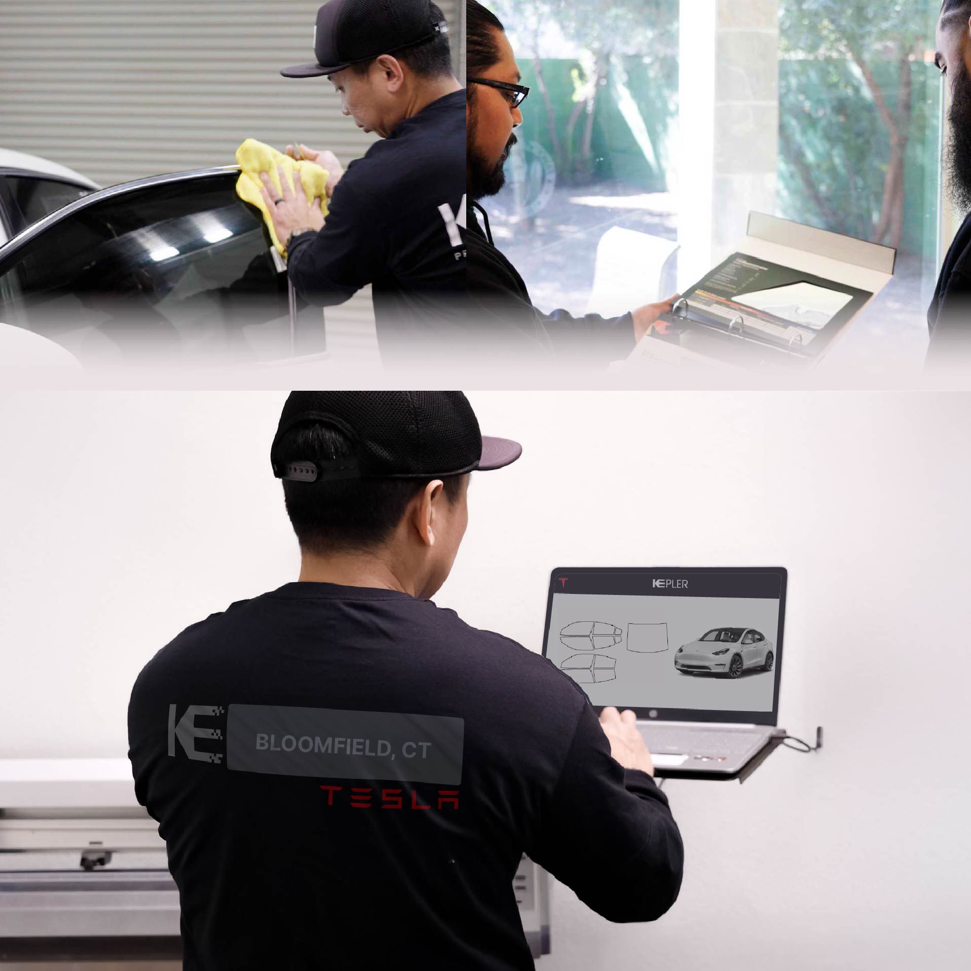 Kepler Technician Applying Ceramic Window Tint to Tesla in Bloomfield
