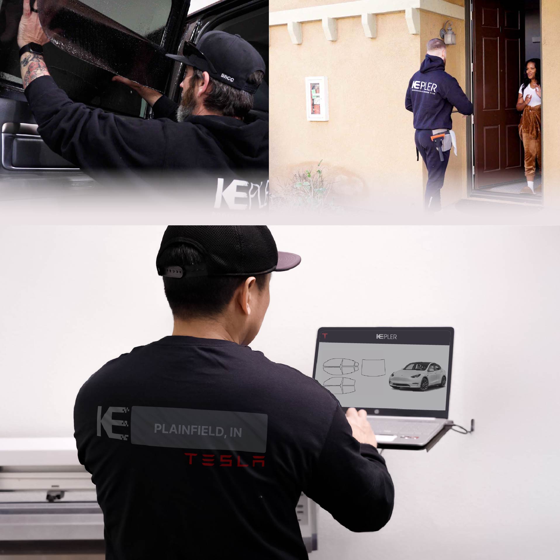 Expert Technician Installing Advanced Window Tint to Tesla in Plainfield