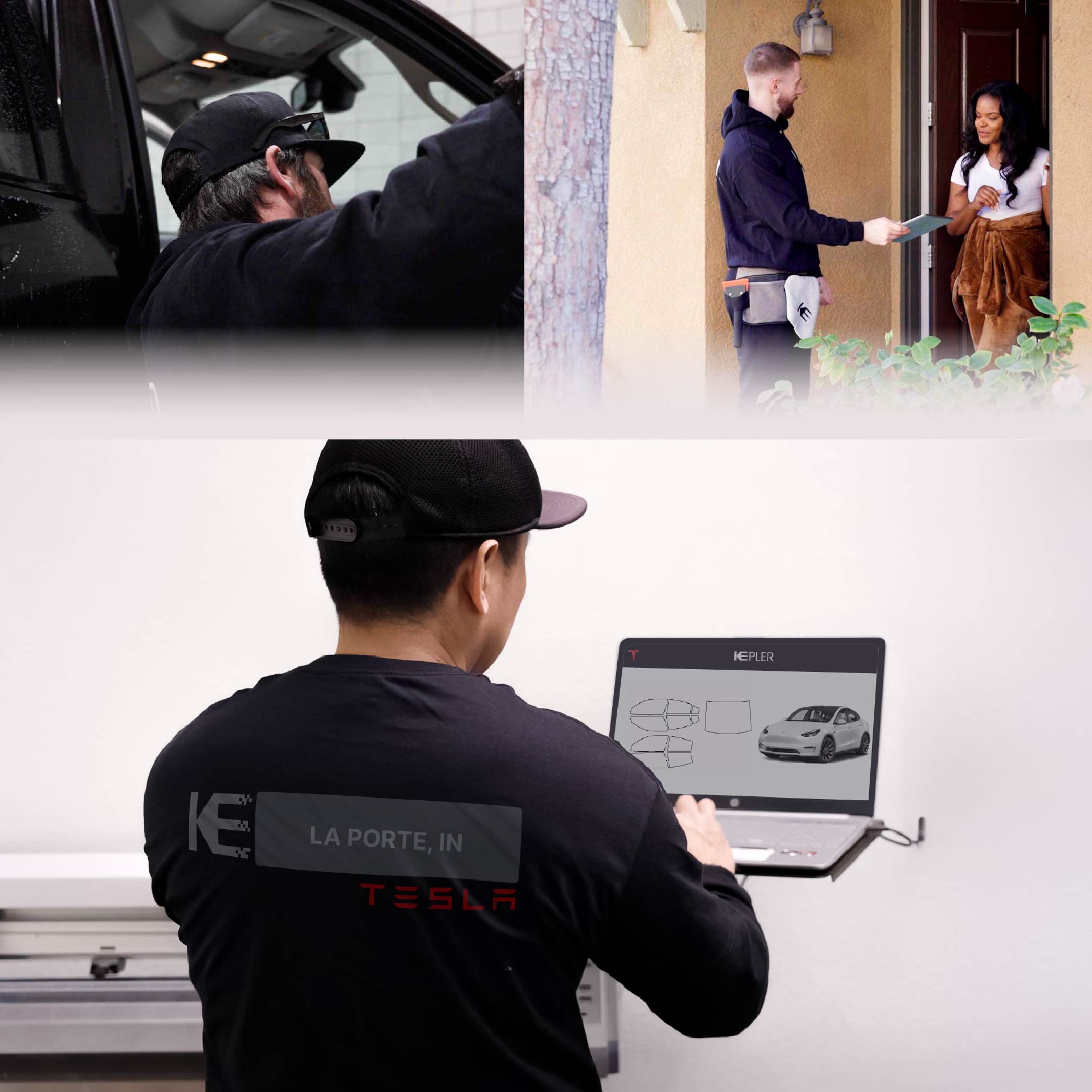 Kepler Technician Applying Advanced Window Tint to Tesla in La Porte