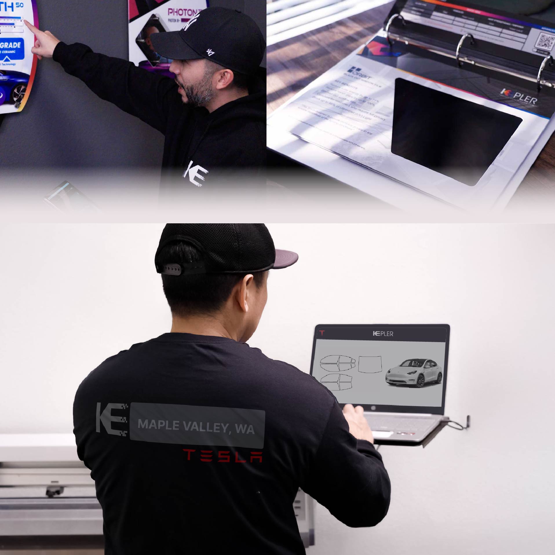 Kepler Technician Applying Ceramic Window Tint to Tesla in Maple Valley