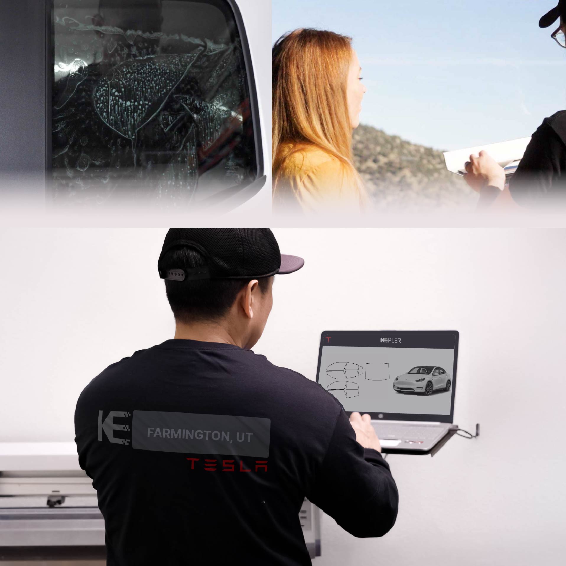 Expert Technician Installing Ceramic Window Tint to Tesla in Farmington