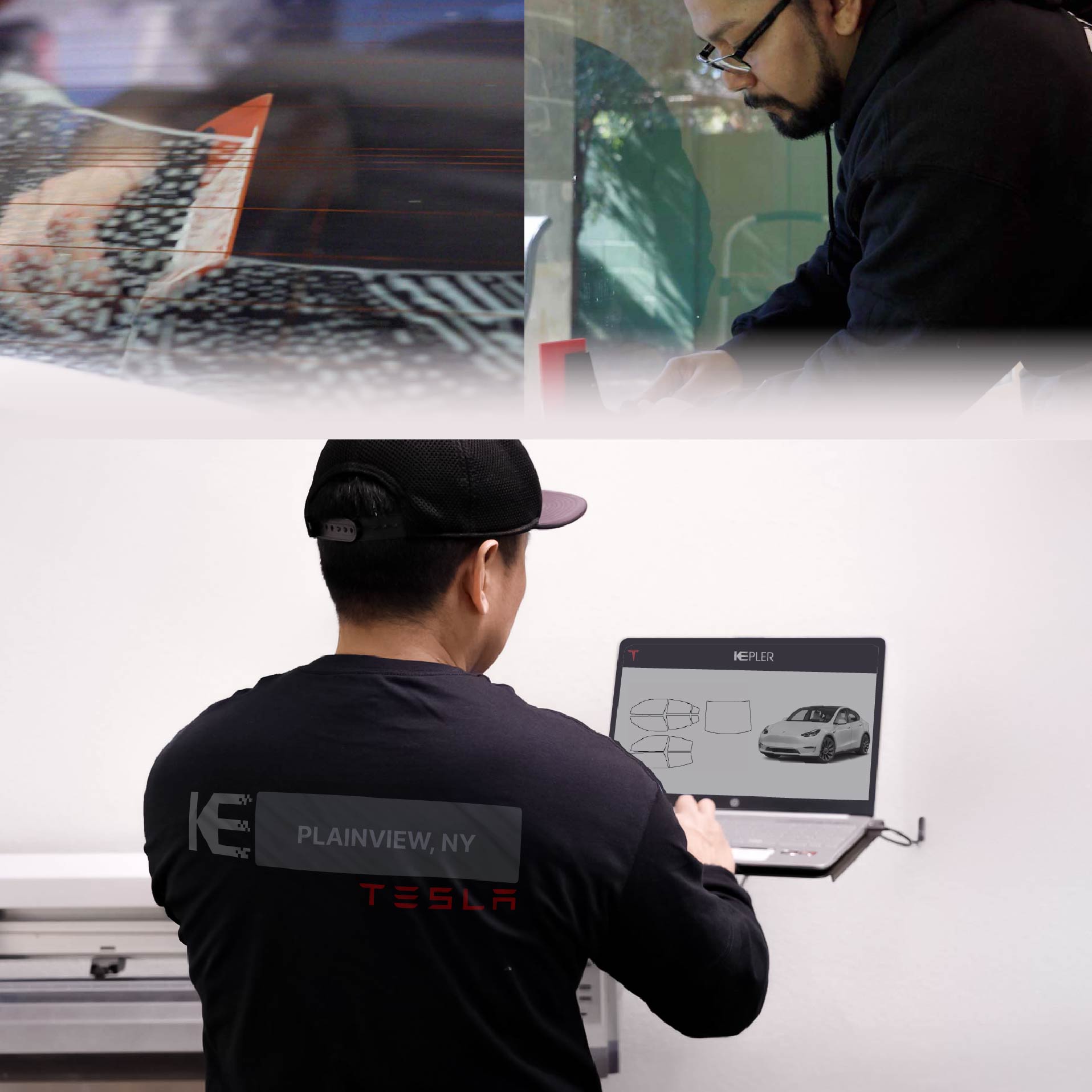 Expert Technician Installing Ceramic Window Tint to Tesla in Plainview