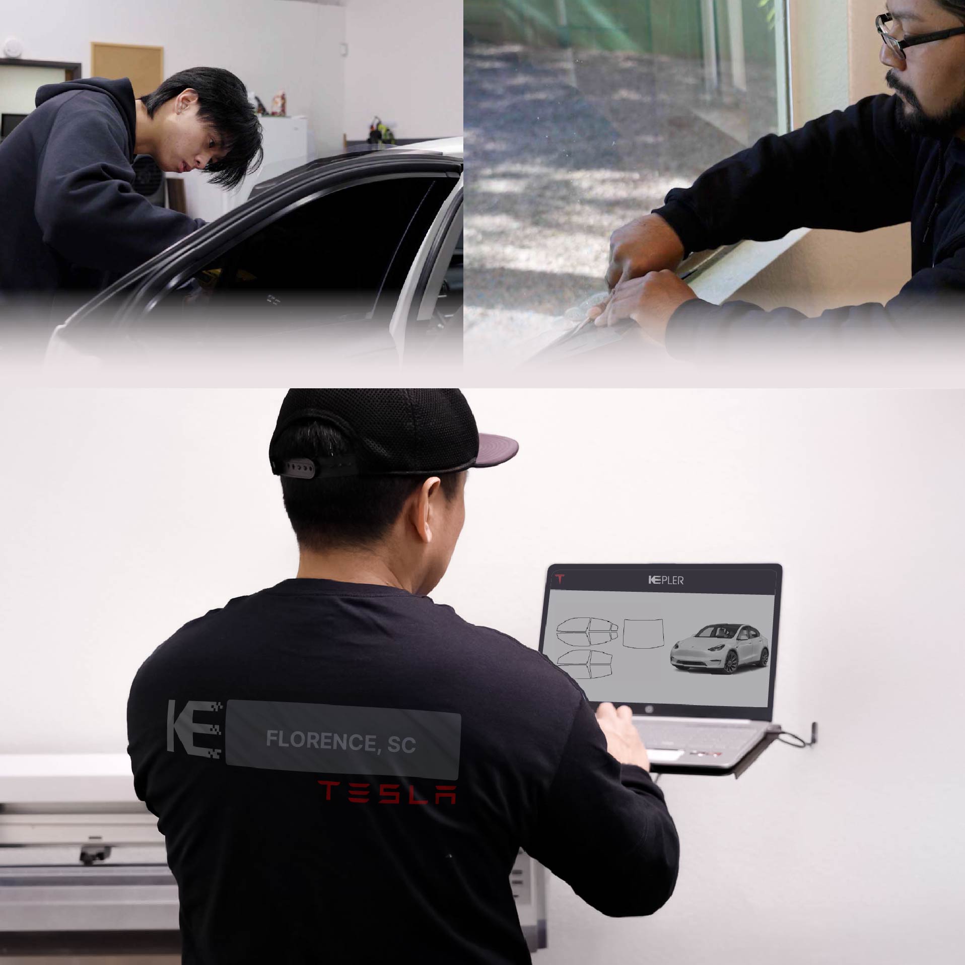 Expert Technician Applying Advanced Window Tint to Tesla in Florence