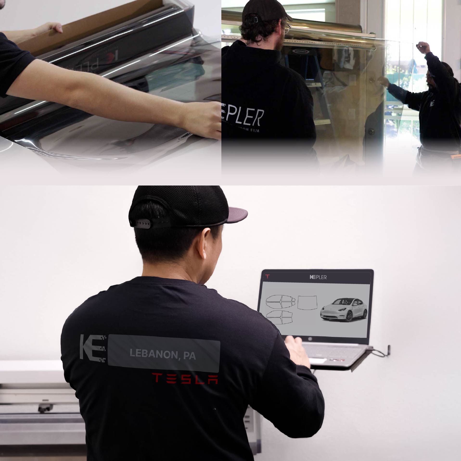 Expert Technician Installing Ceramic Window Tint to Tesla in Lebanon
