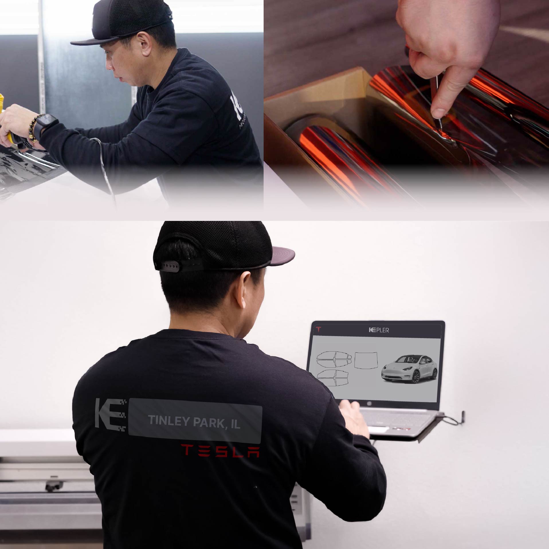 Kepler Technician Applying High-tech Window Tint to Tesla in Tinley Park