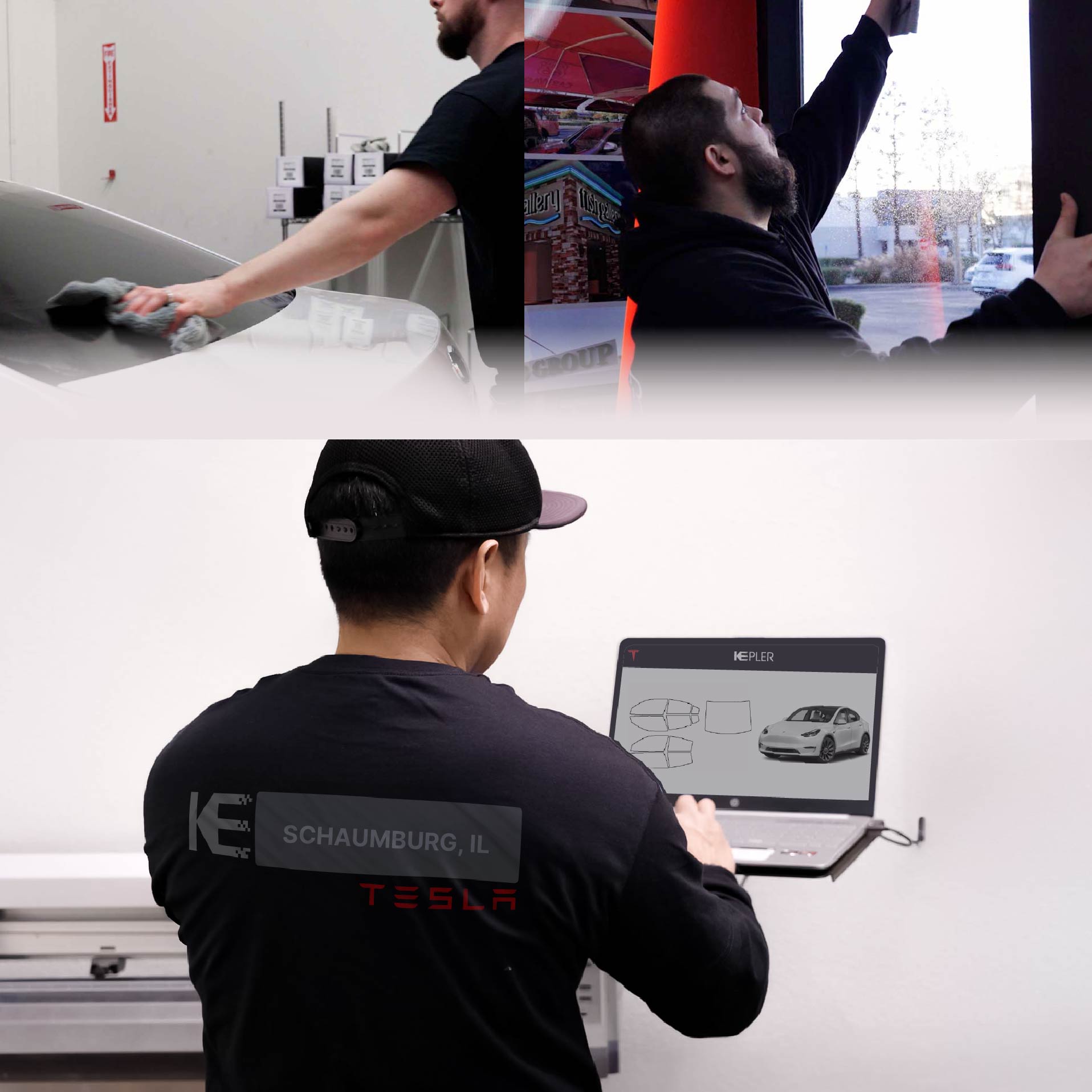 Kepler Technician Applying Ceramic Window Tint to Tesla in Schaumburg