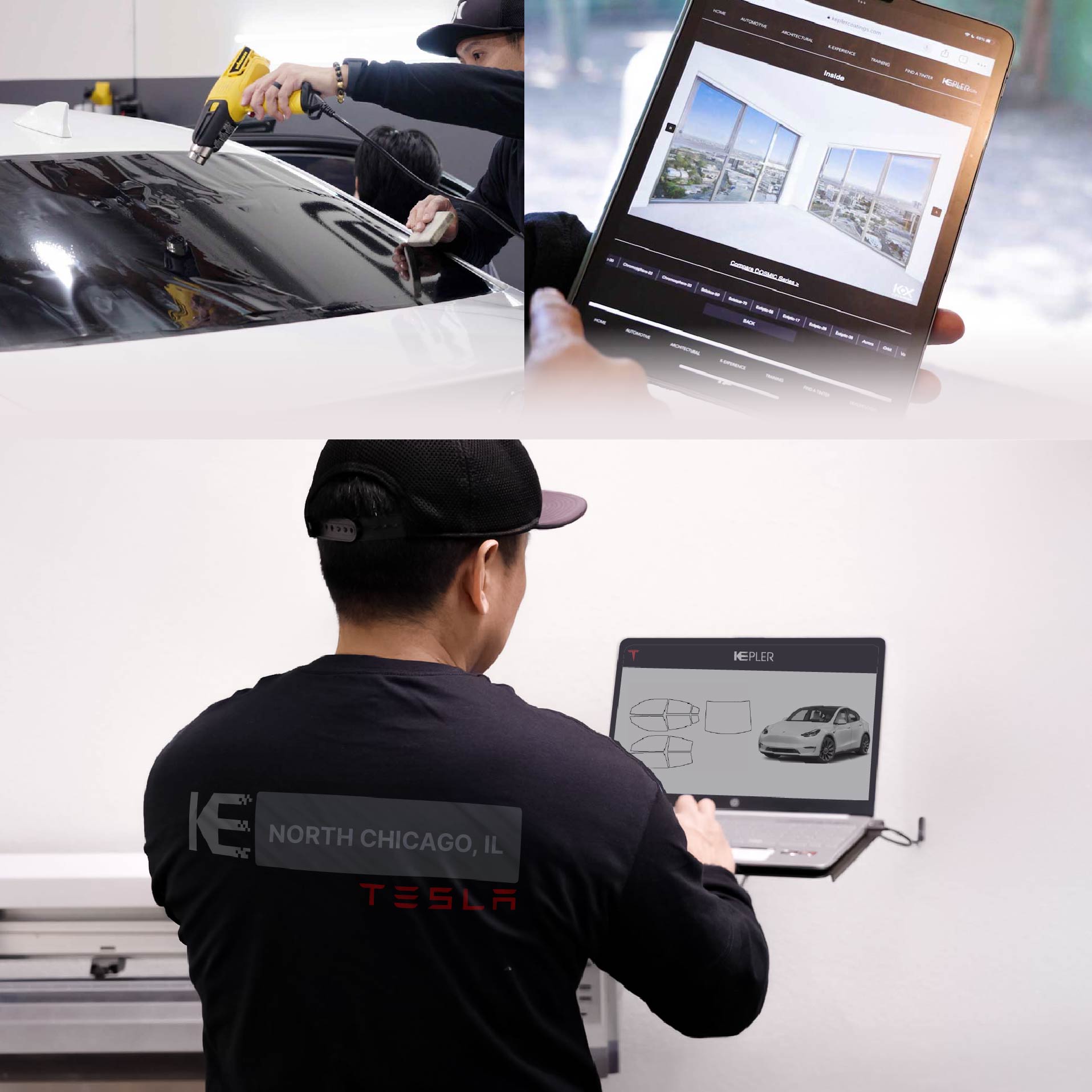 Expert Technician Installing Ceramic Window Tint to Tesla in North Chicago
