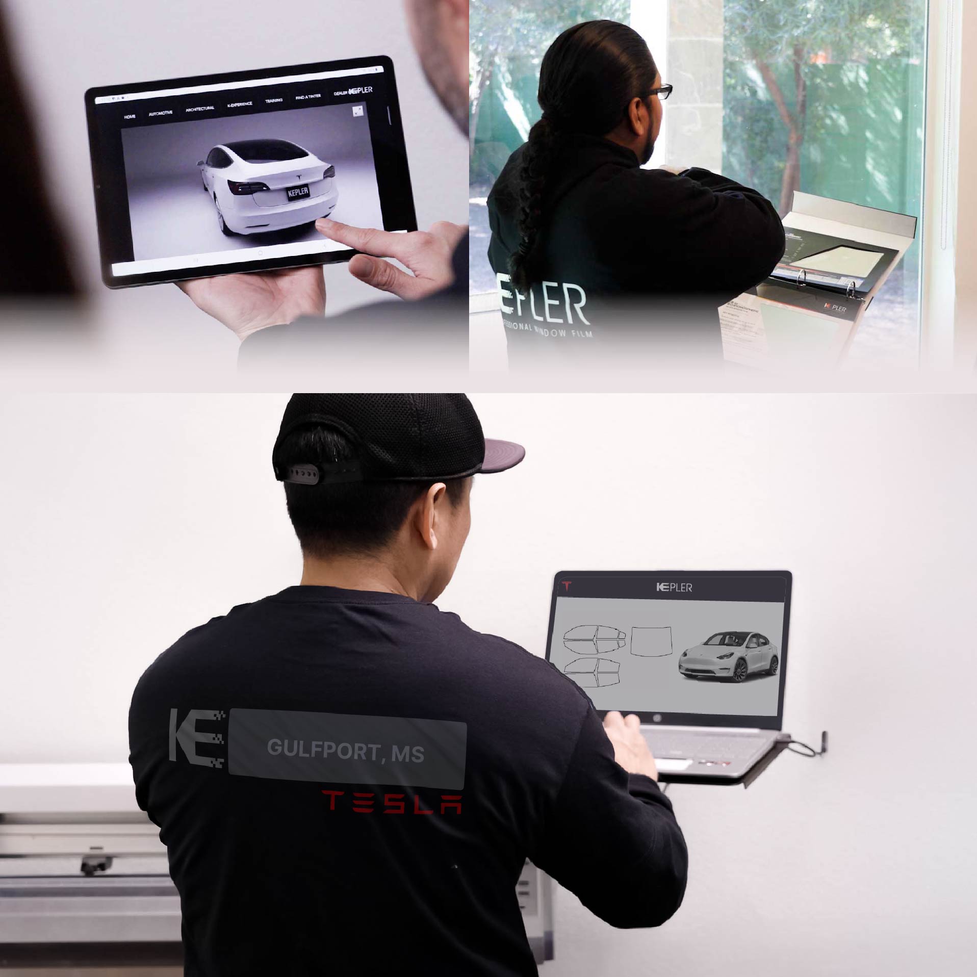 Kepler Technician Fitting Advanced Window Tint to Tesla in Gulfport