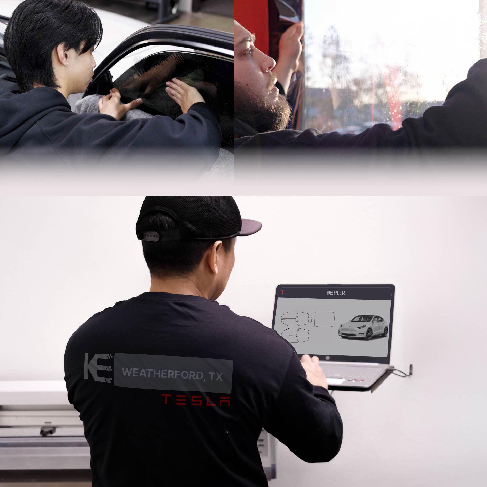 Kepler Technician Fitting High-tech Window Tint to Tesla in Weatherford