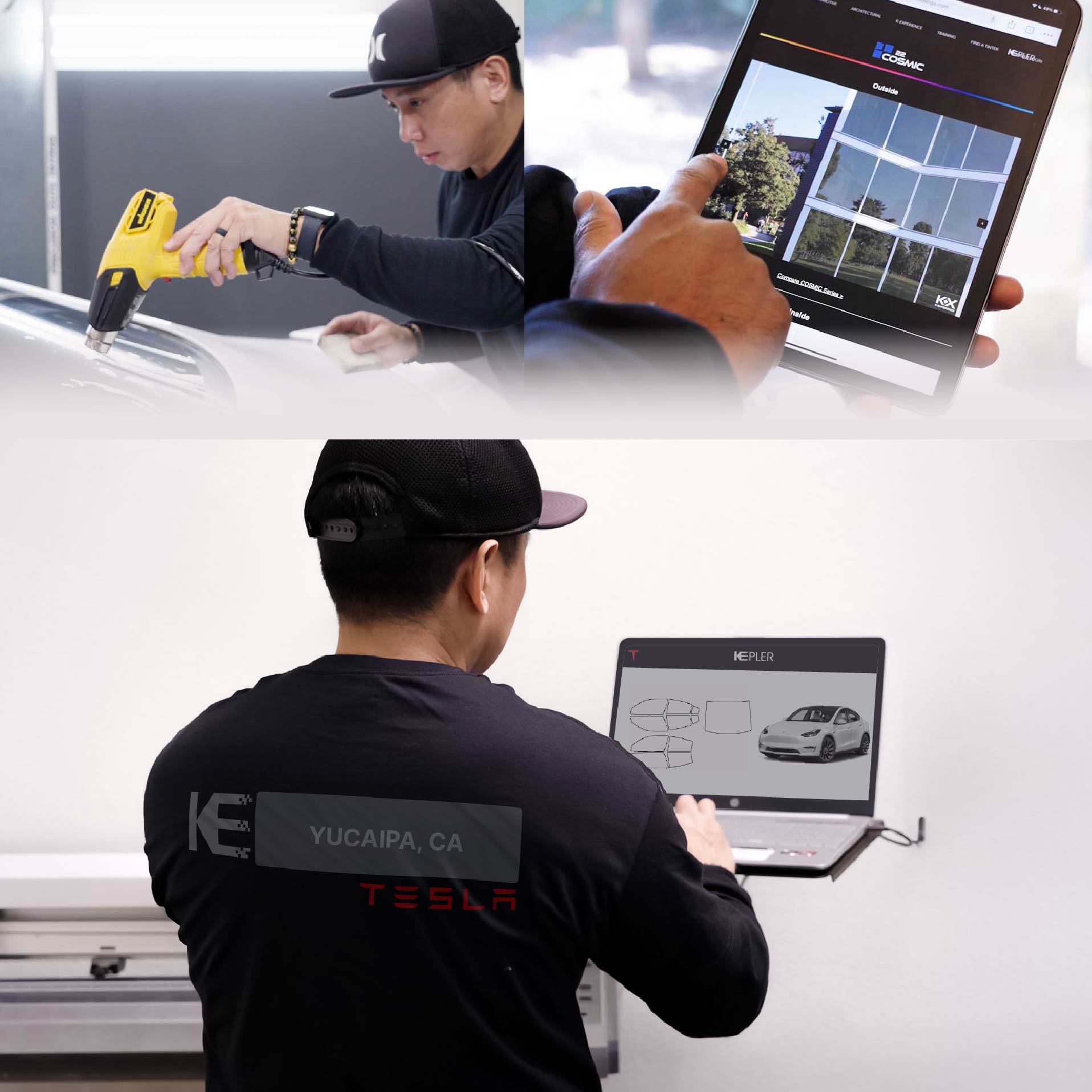 Kepler Technician Installing Advanced Window Tint to Tesla in Yucaipa