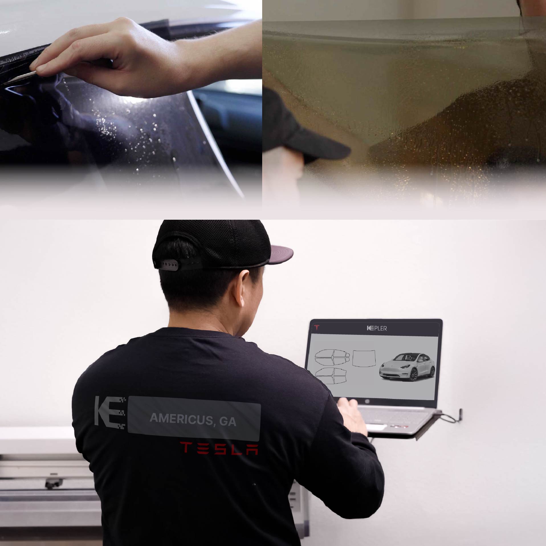 Kepler Technician Installing Ceramic Window Tint to Tesla in Americus