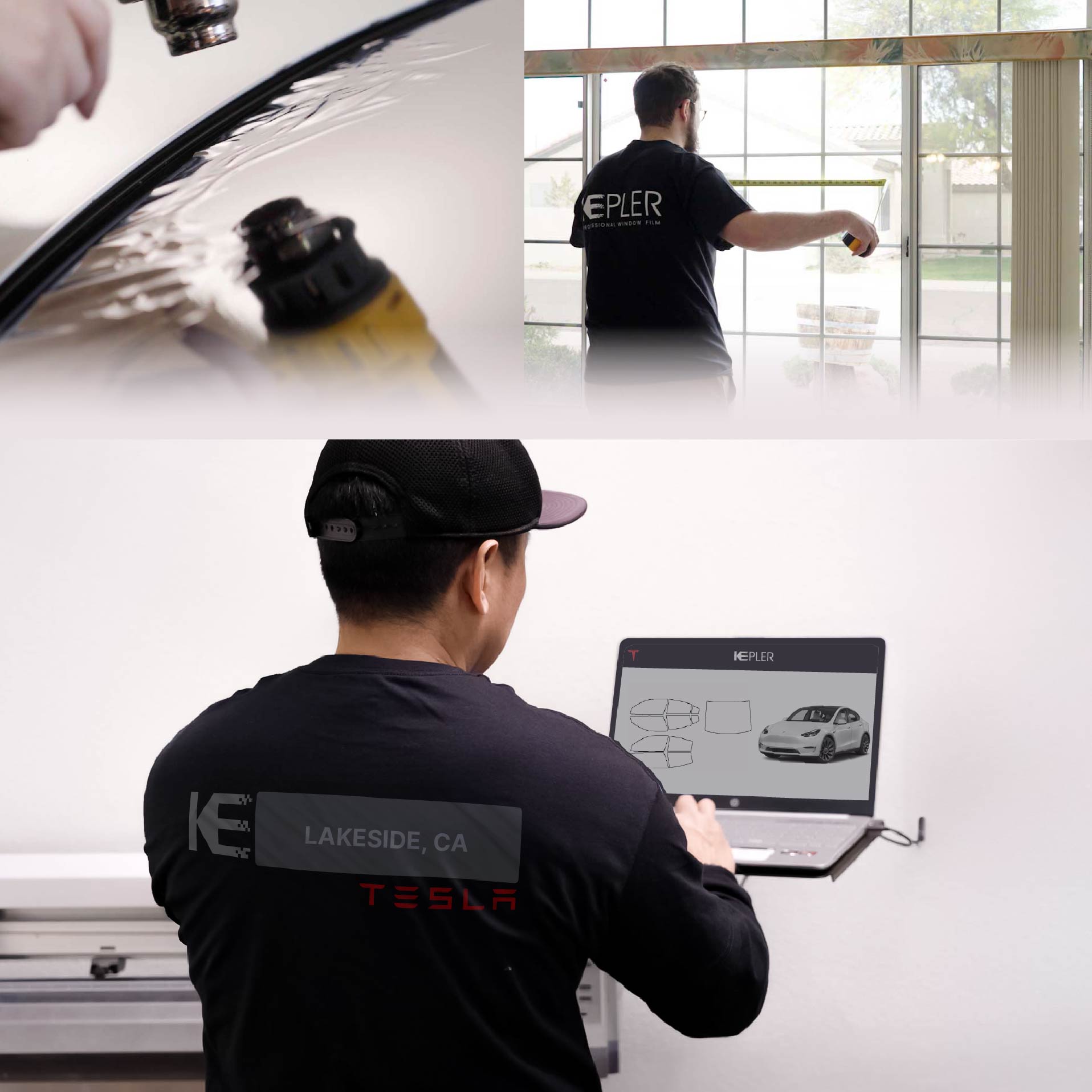 Kepler Technician Installing Advanced Window Tint to Tesla in Lakeside
