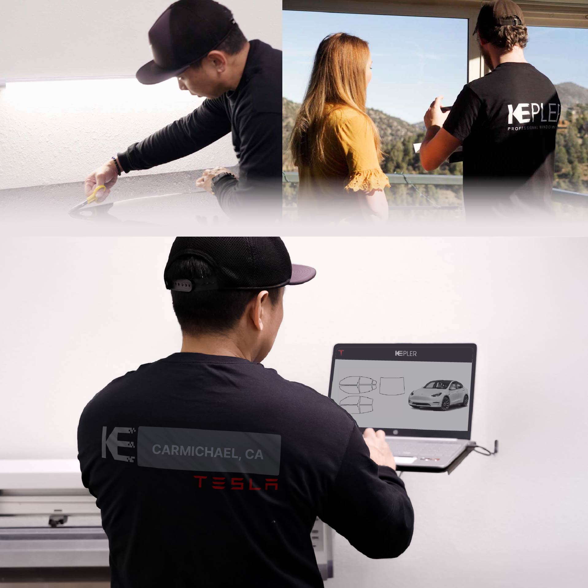 Expert Technician Fitting High-tech Window Tint to Tesla in Carmichael
