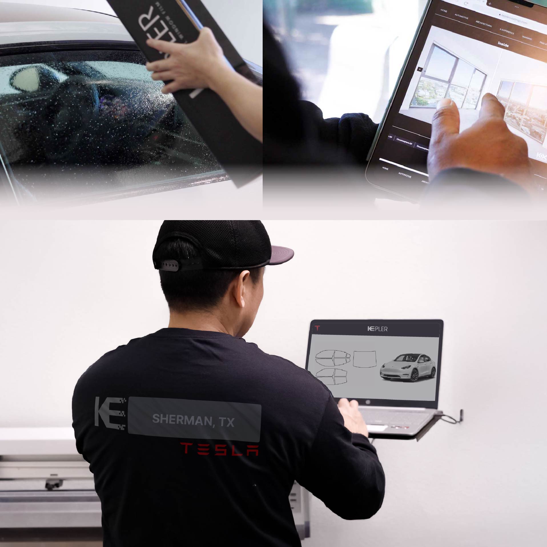 Expert Technician Applying Advanced Window Tint to Tesla in Sherman