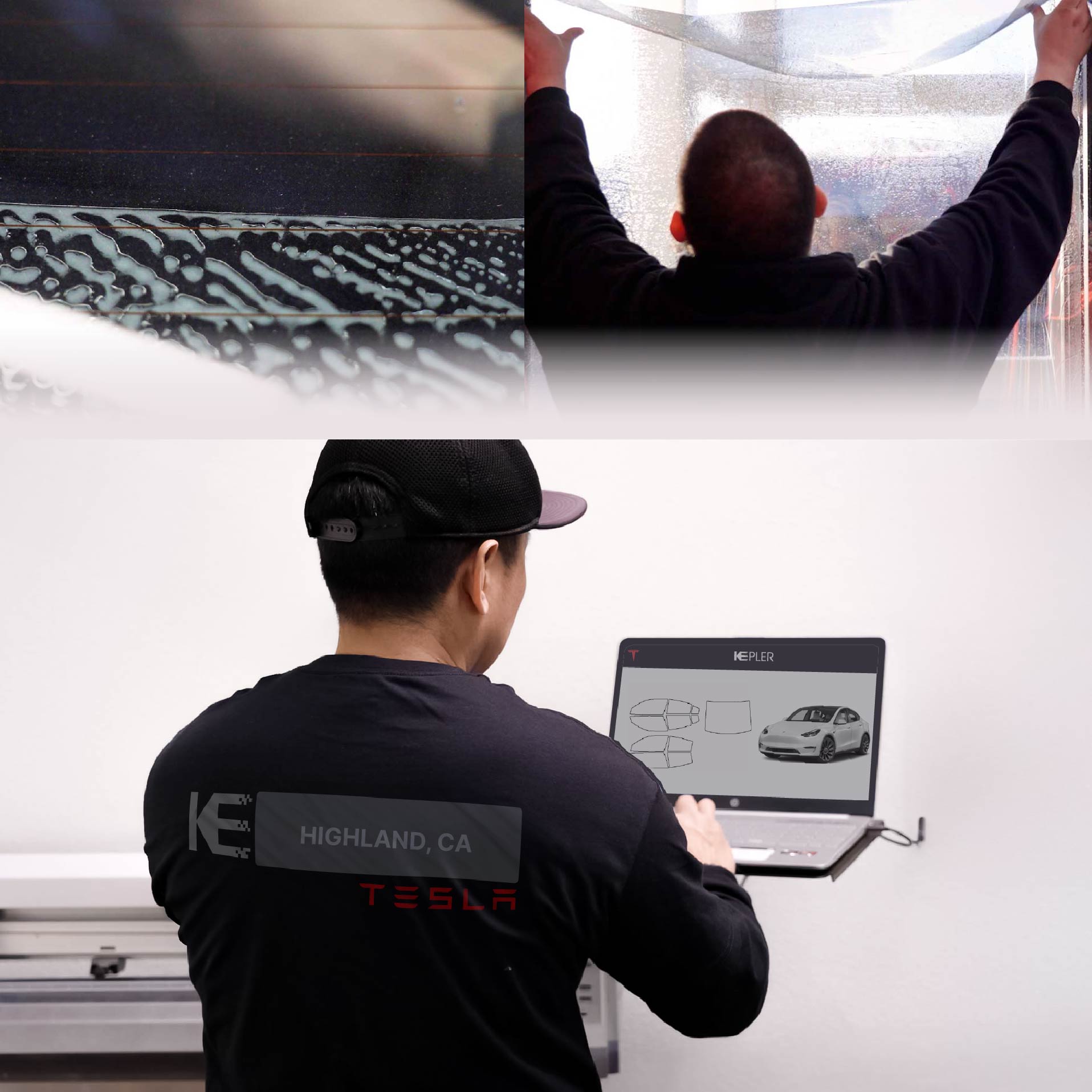 Expert Technician Applying High-tech Window Tint to Tesla in Highland