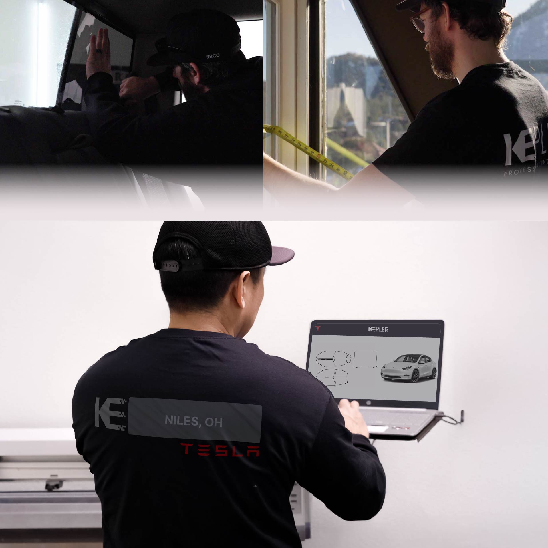 Kepler Technician Applying Ceramic Window Tint to Tesla in Niles