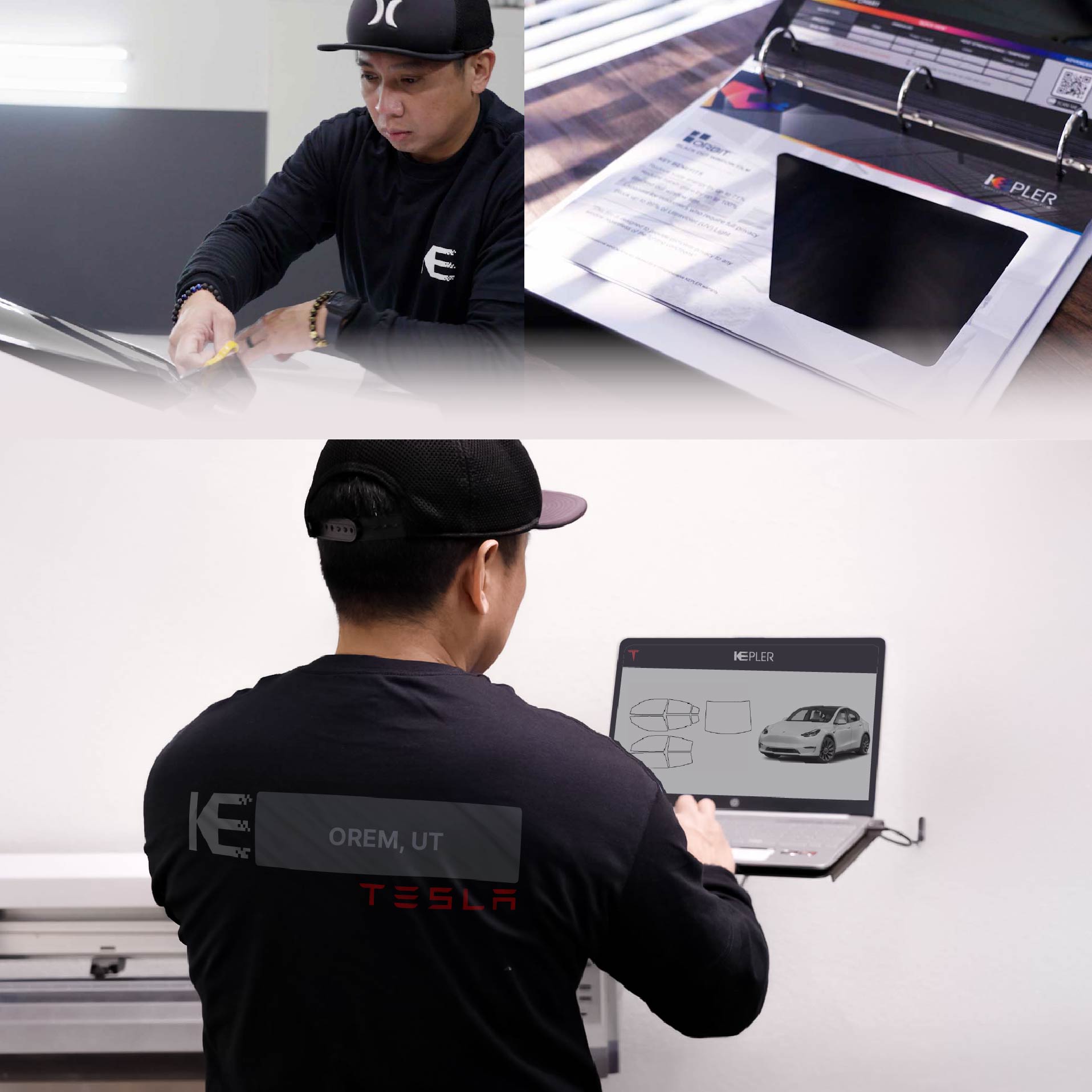 Kepler Technician Applying Advanced Window Tint to Tesla in Orem