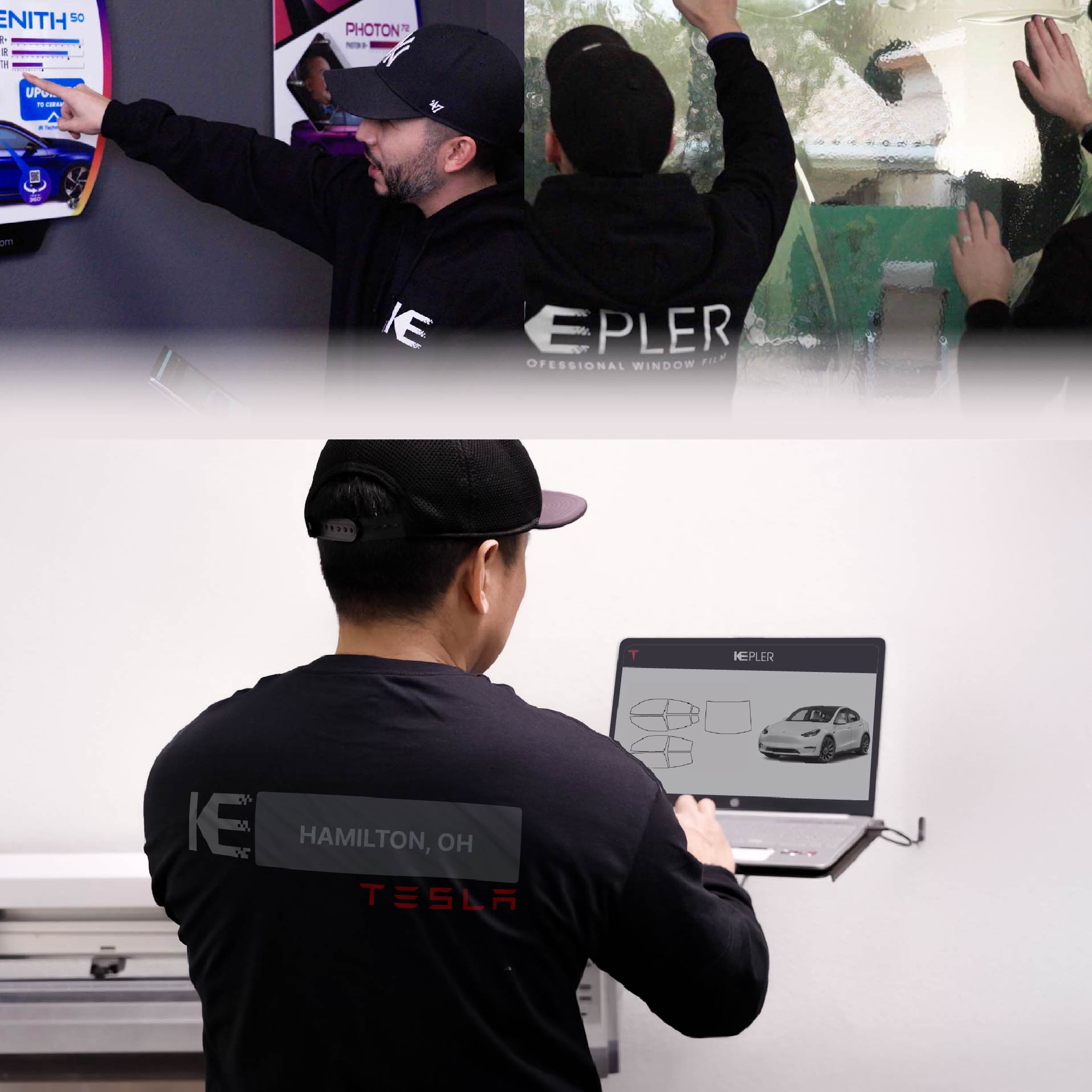 Kepler Technician Fitting Ceramic Window Tint to Tesla in Hamilton