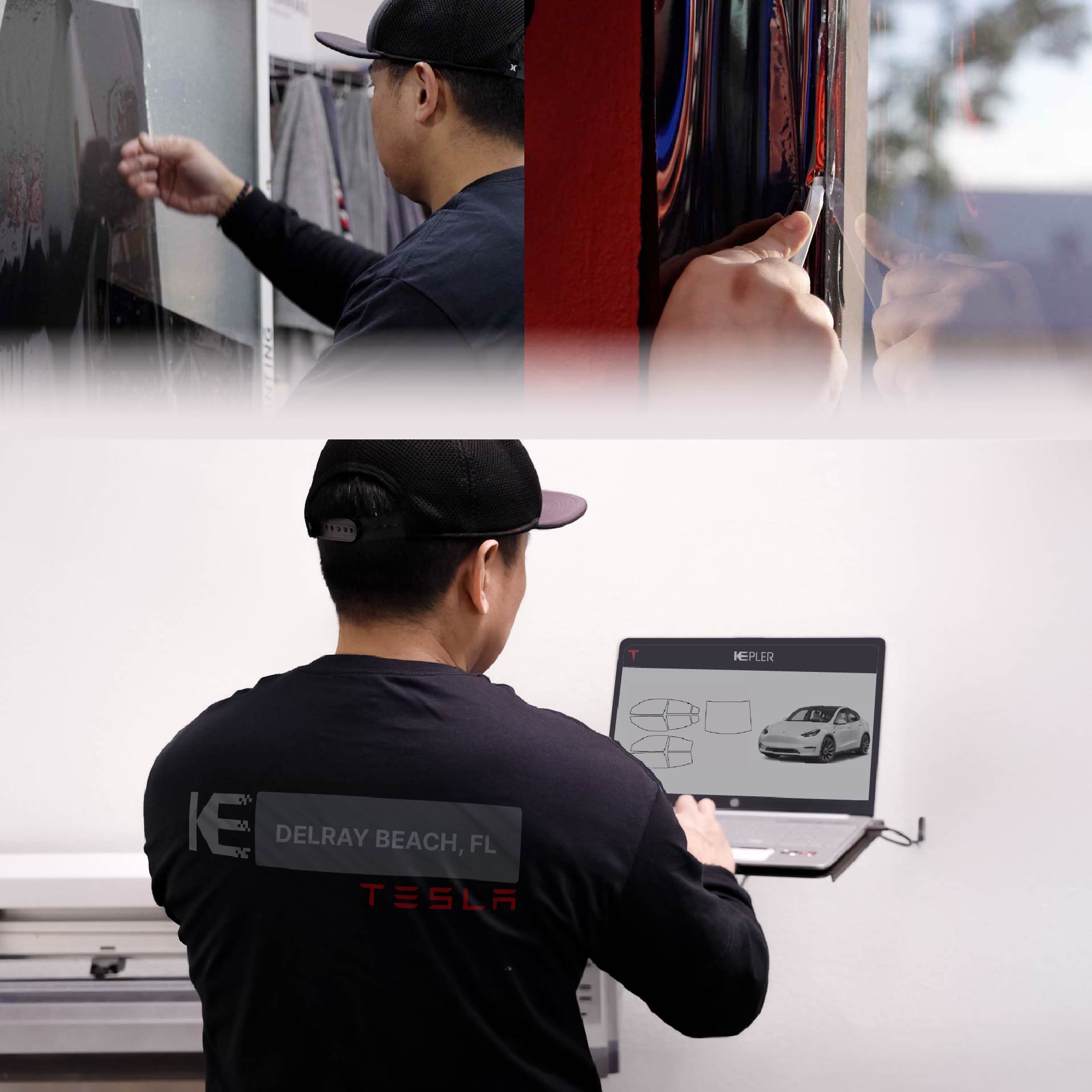 Expert Technician Fitting Ceramic Window Tint to Tesla in Delray Beach