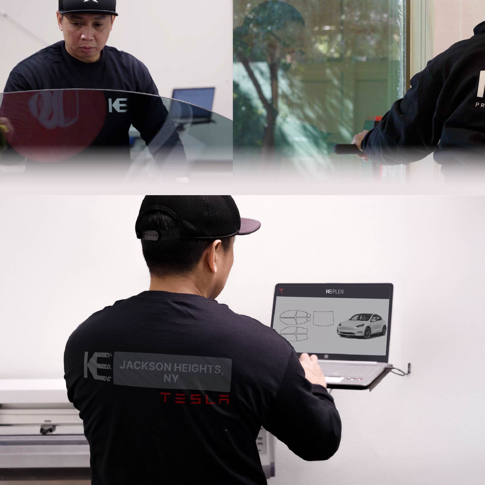 Kepler Technician Fitting Advanced Window Tint to Tesla in Jackson Heights