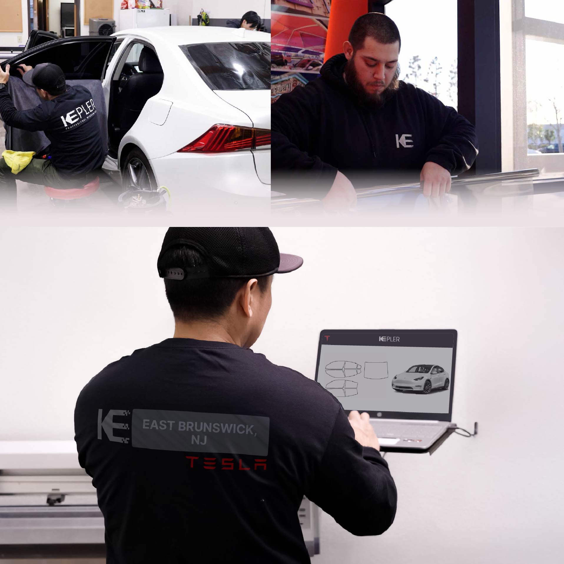 Expert Technician Installing Advanced Window Tint to Tesla in East Brunswick