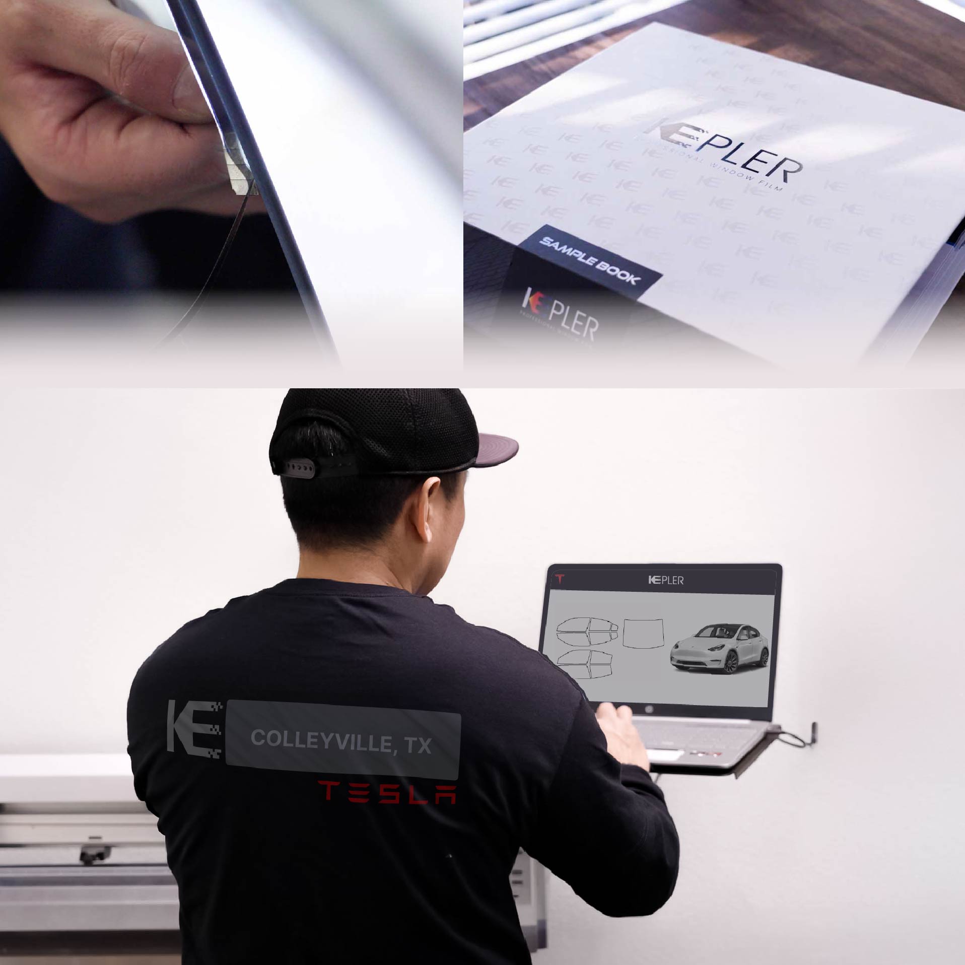 Expert Technician Installing Ceramic Window Tint to Tesla in Colleyville
