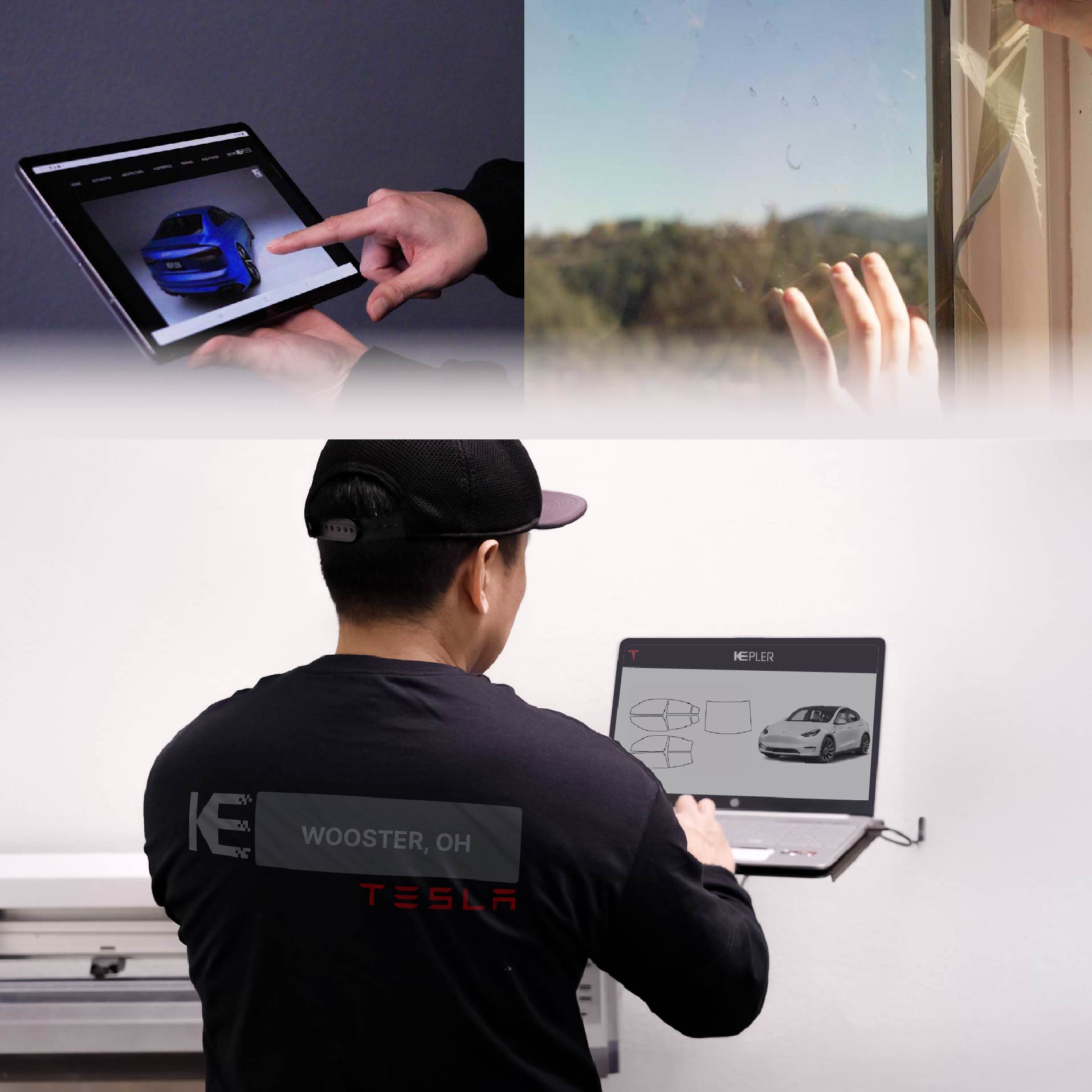 Kepler Technician Applying Ceramic Window Tint to Tesla in Wooster