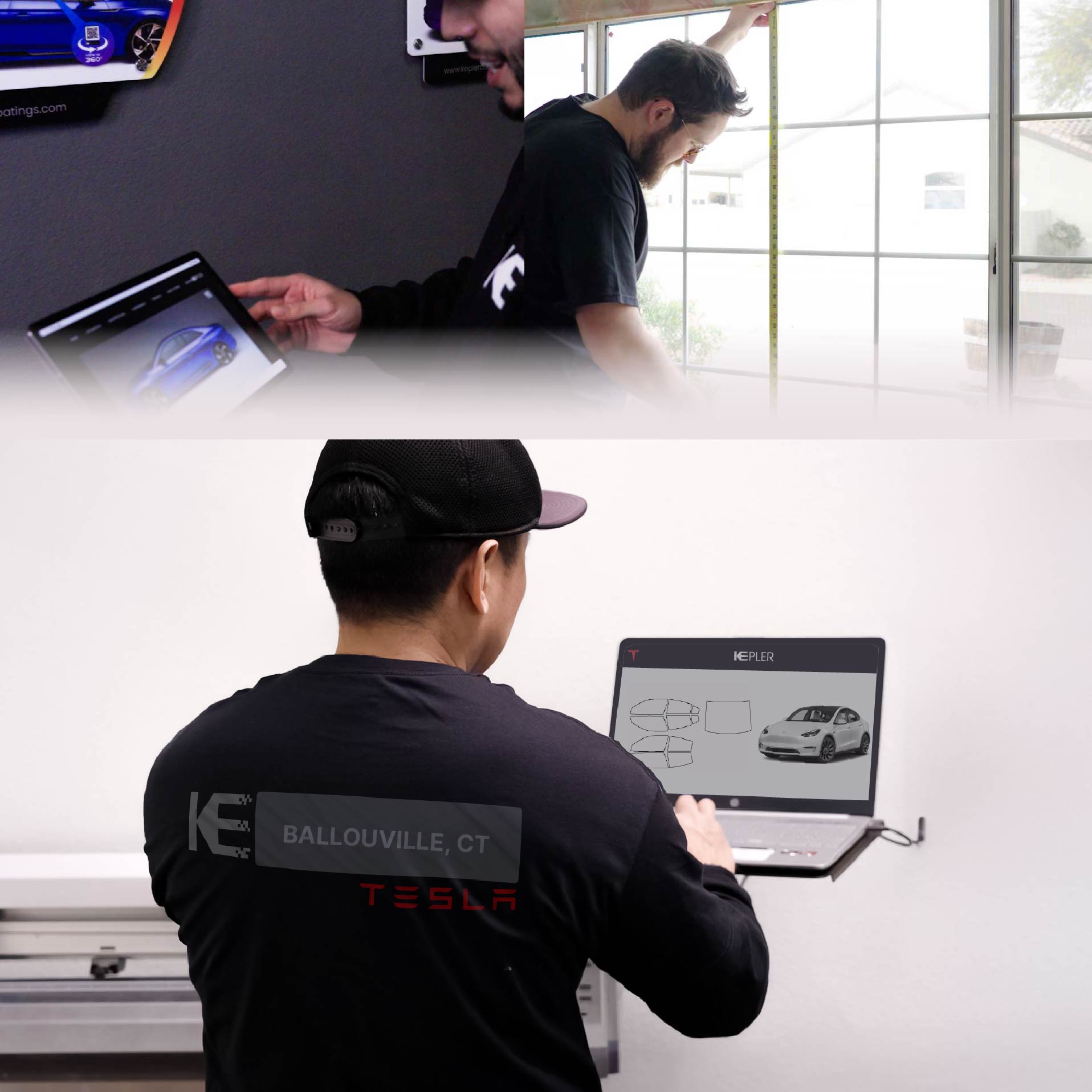 Kepler Technician Applying Ceramic Window Tint to Tesla in Ballouville
