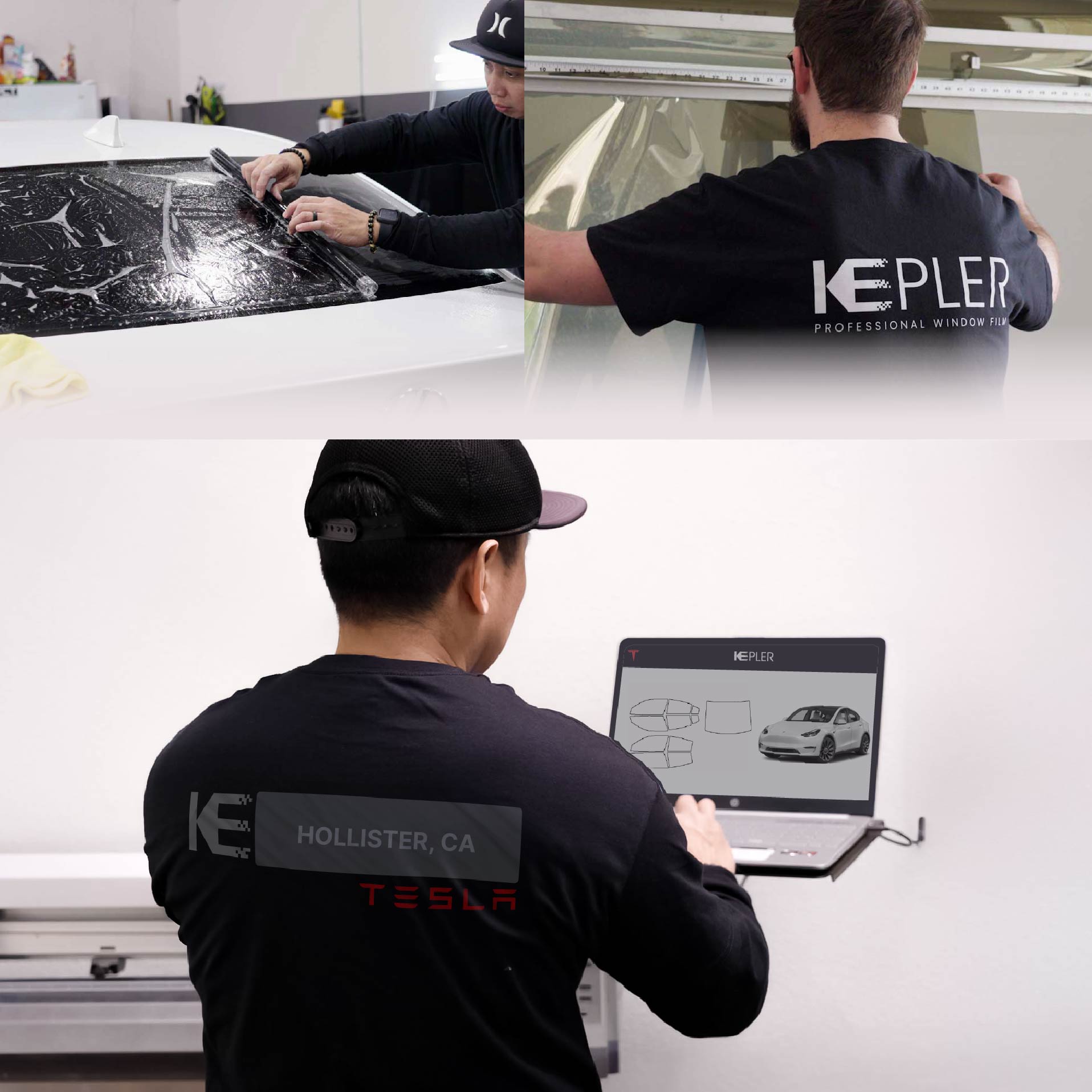 Expert Technician Applying Ceramic Window Tint to Tesla in Hollister
