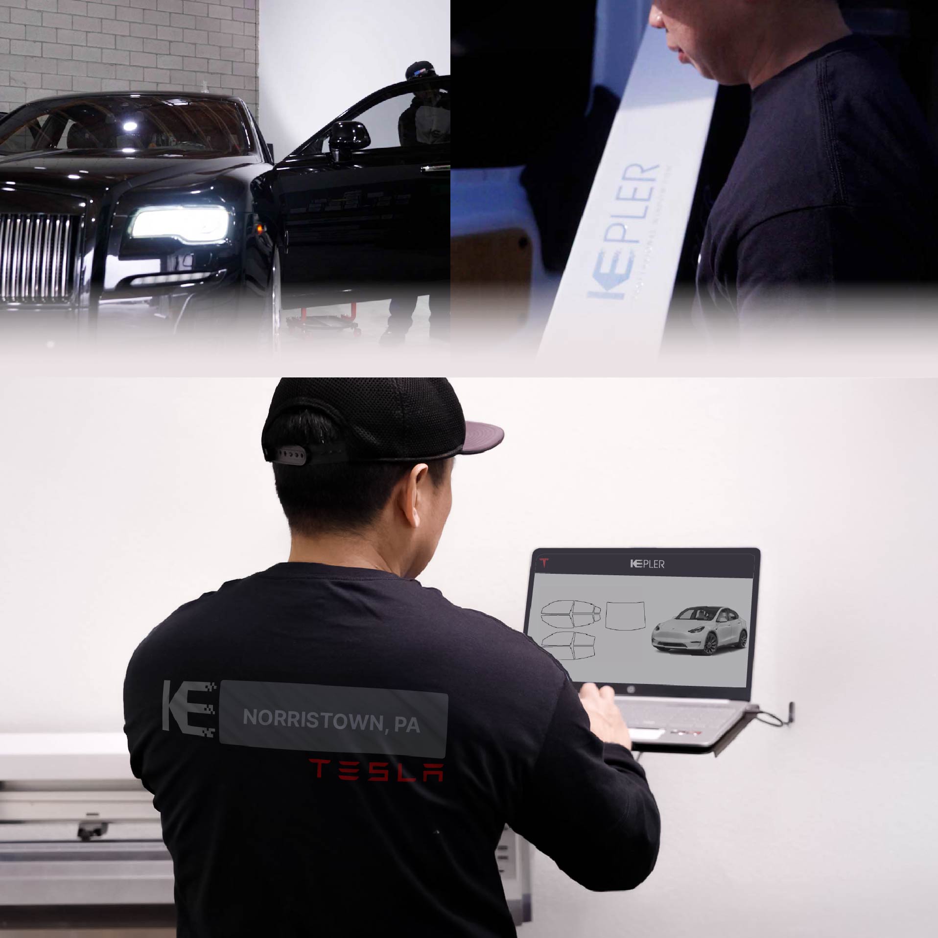 Expert Technician Fitting Advanced Window Tint to Tesla in Norristown