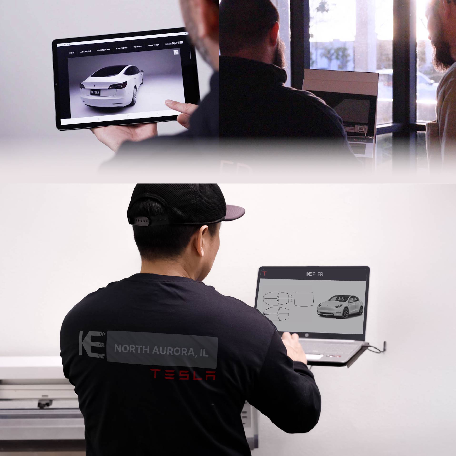 Kepler Technician Installing Ceramic Window Tint to Tesla in North Aurora