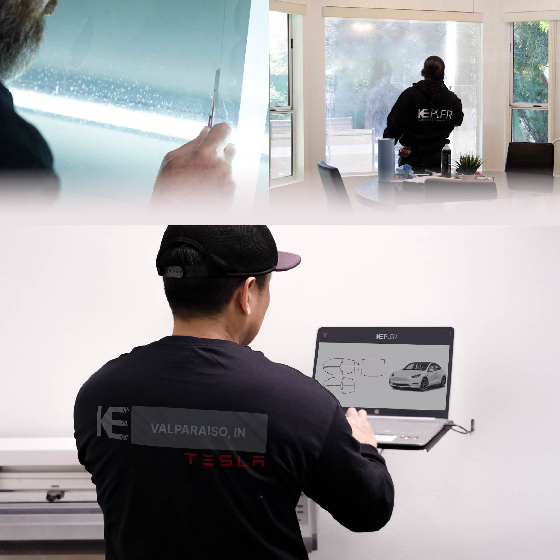 Expert Technician Applying Ceramic Window Tint to Tesla in Valparaiso
