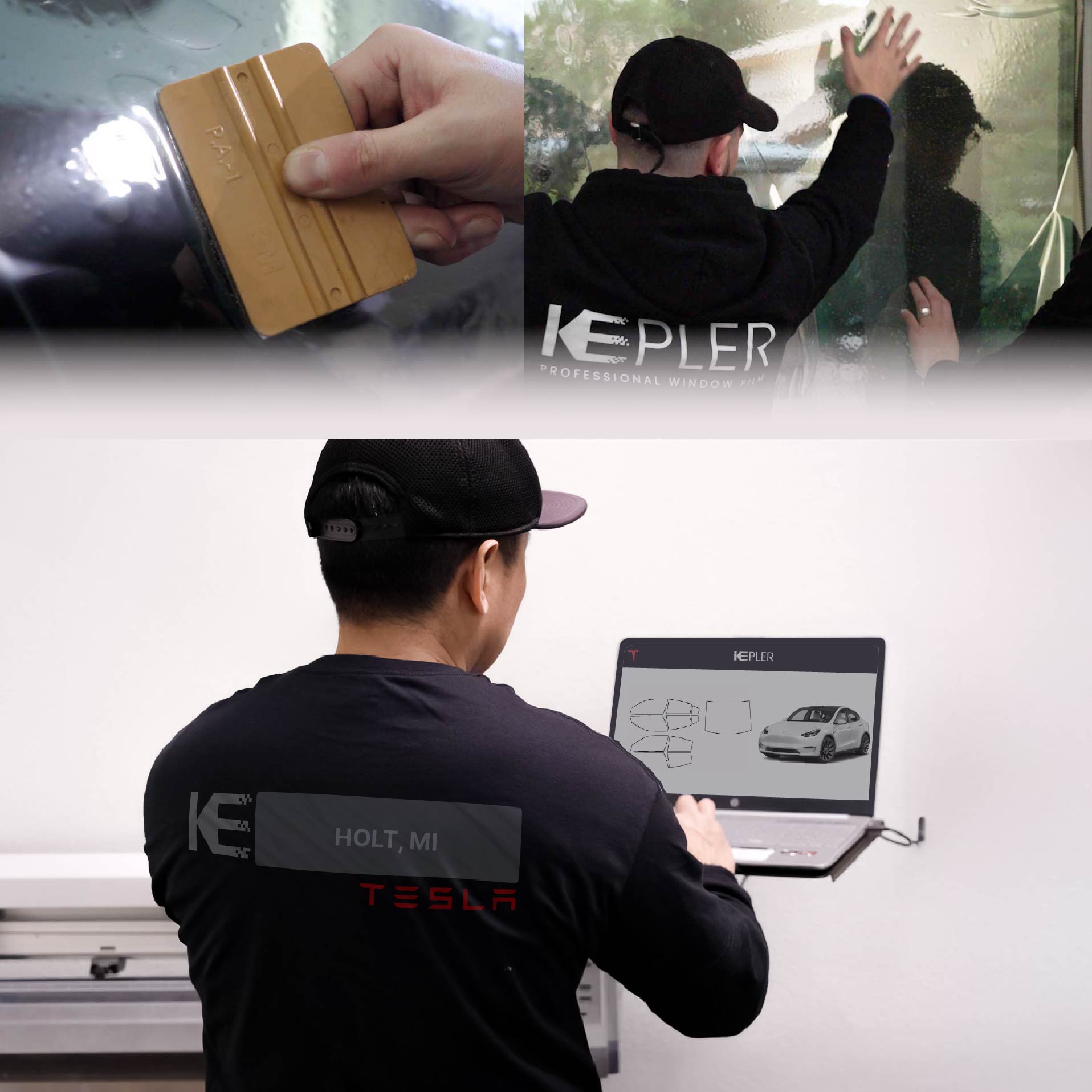 Kepler Technician Fitting Advanced Window Tint to Tesla in Holt