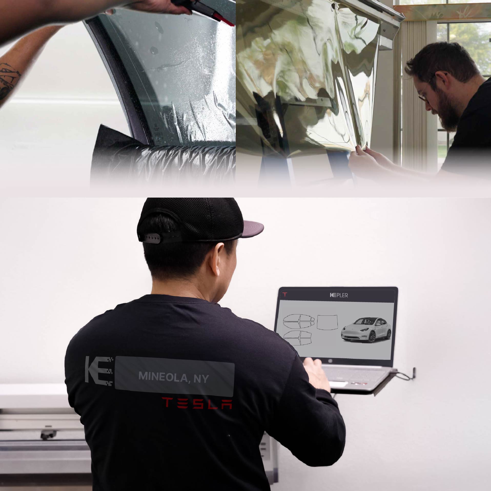 Kepler Technician Installing High-tech Window Tint to Tesla in Mineola