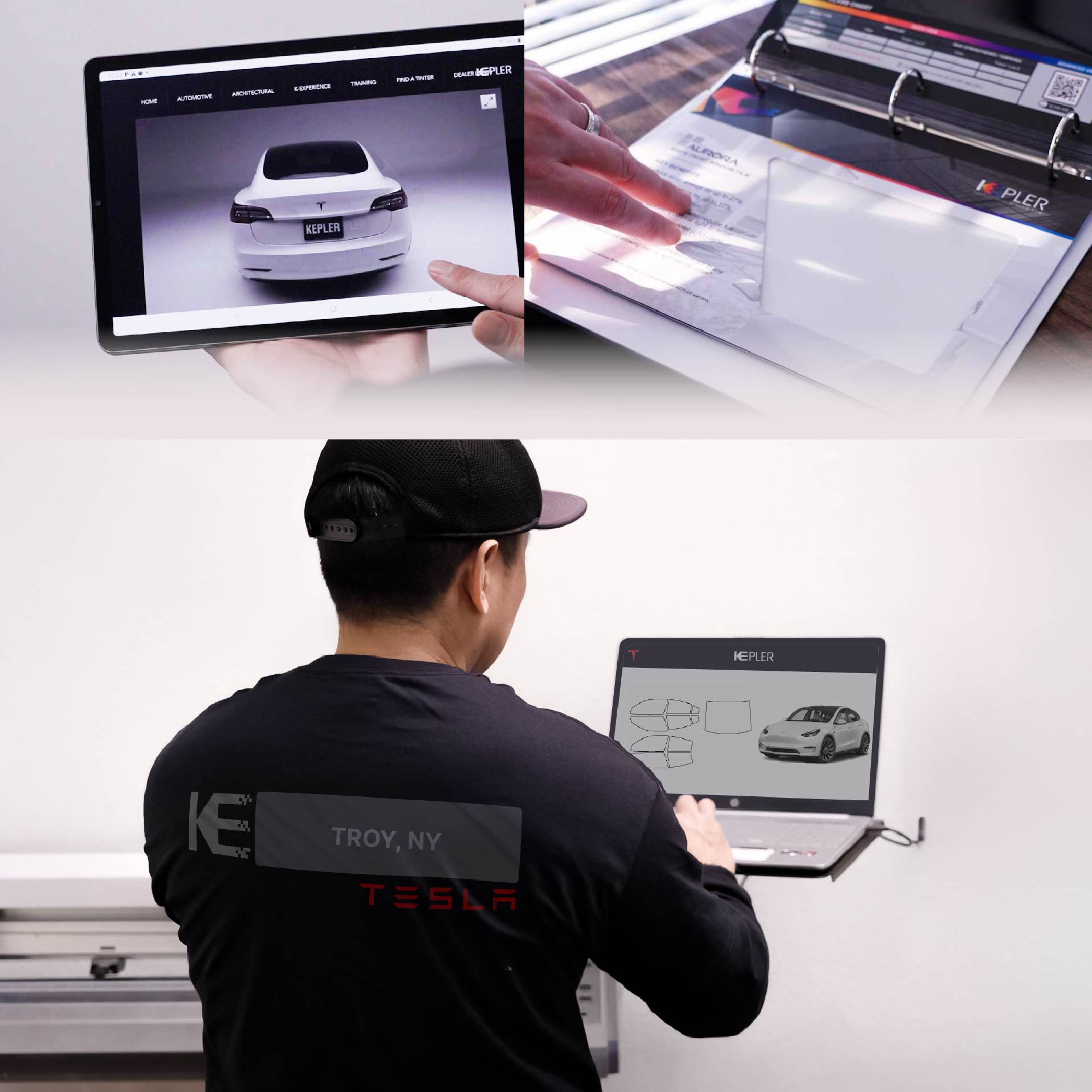 Kepler Technician Installing High-tech Window Tint to Tesla in Troy