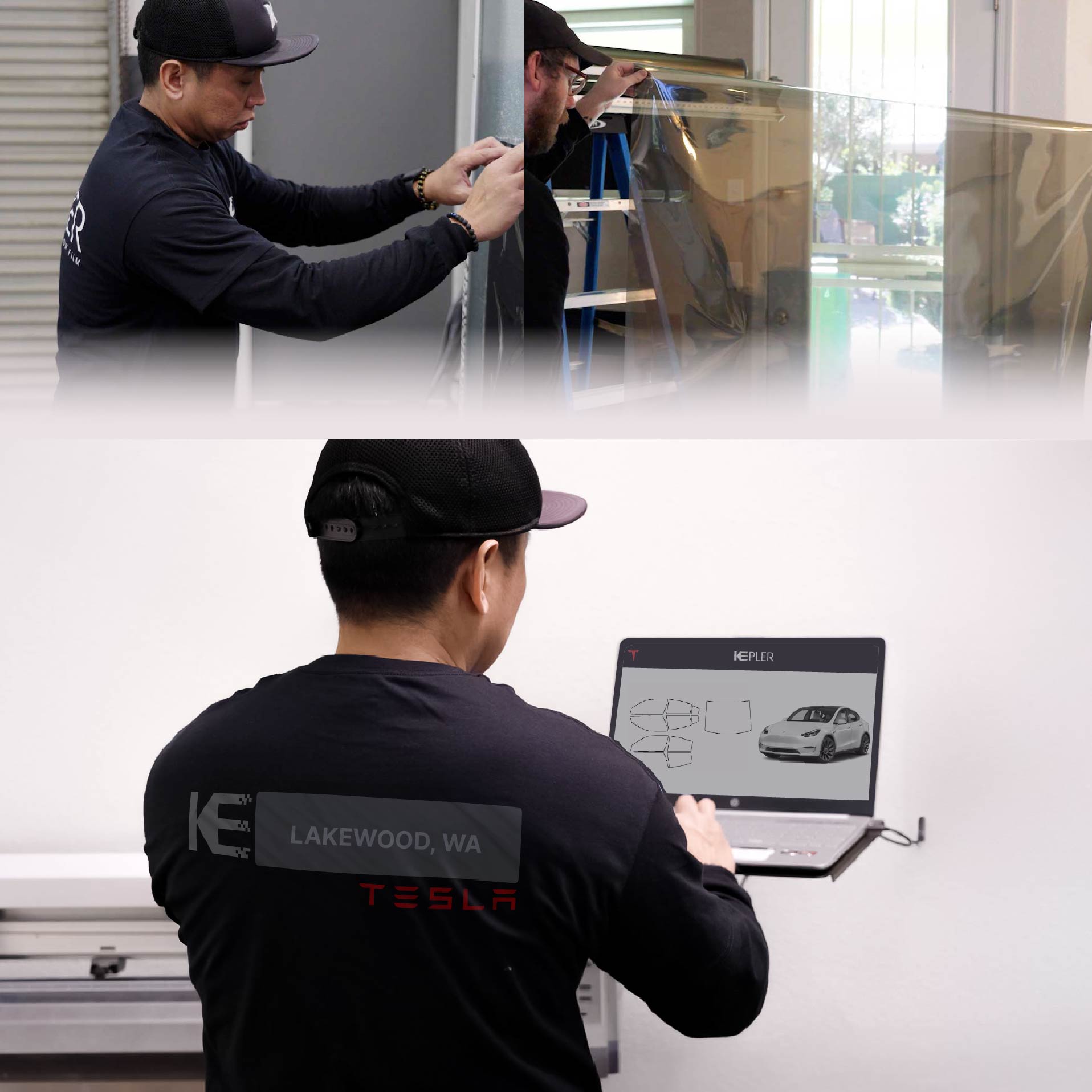Kepler Technician Fitting High-tech Window Tint to Tesla in Lakewood