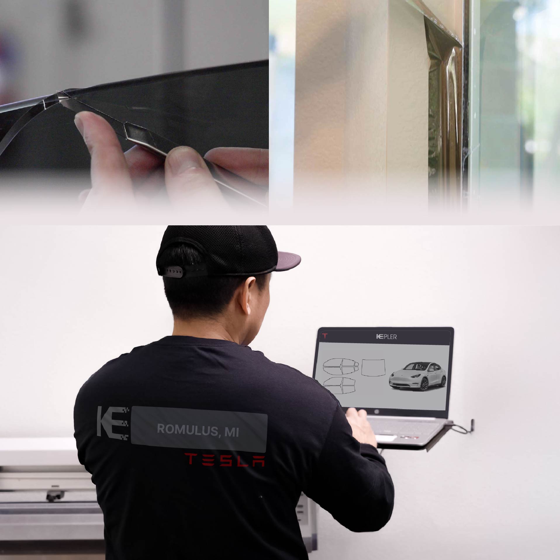 Kepler Technician Applying High-tech Window Tint to Tesla in Romulus