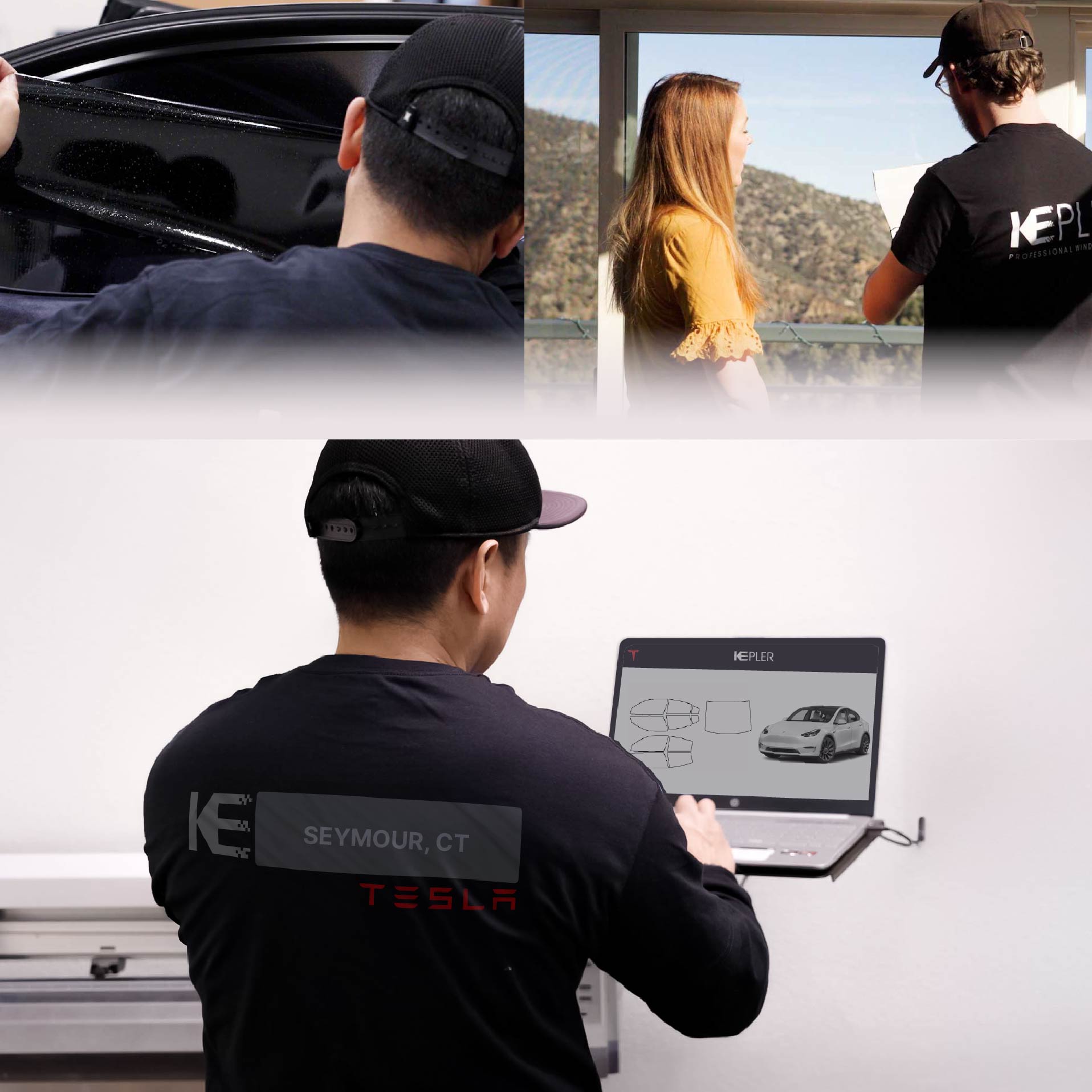 Expert Technician Installing Ceramic Window Tint to Tesla in Seymour