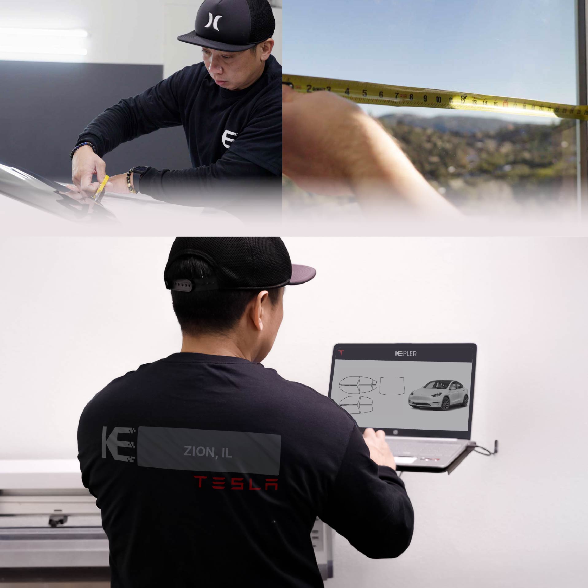 Kepler Technician Applying Ceramic Window Tint to Tesla in Zion