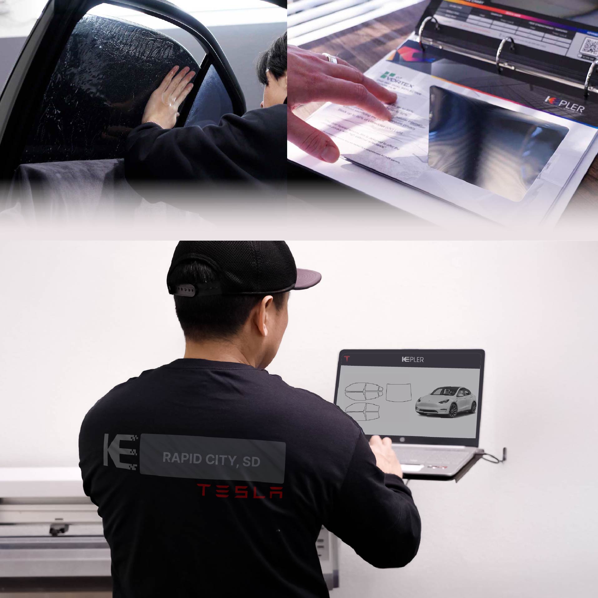 Expert Technician Applying High-tech Window Tint to Tesla in Rapid City