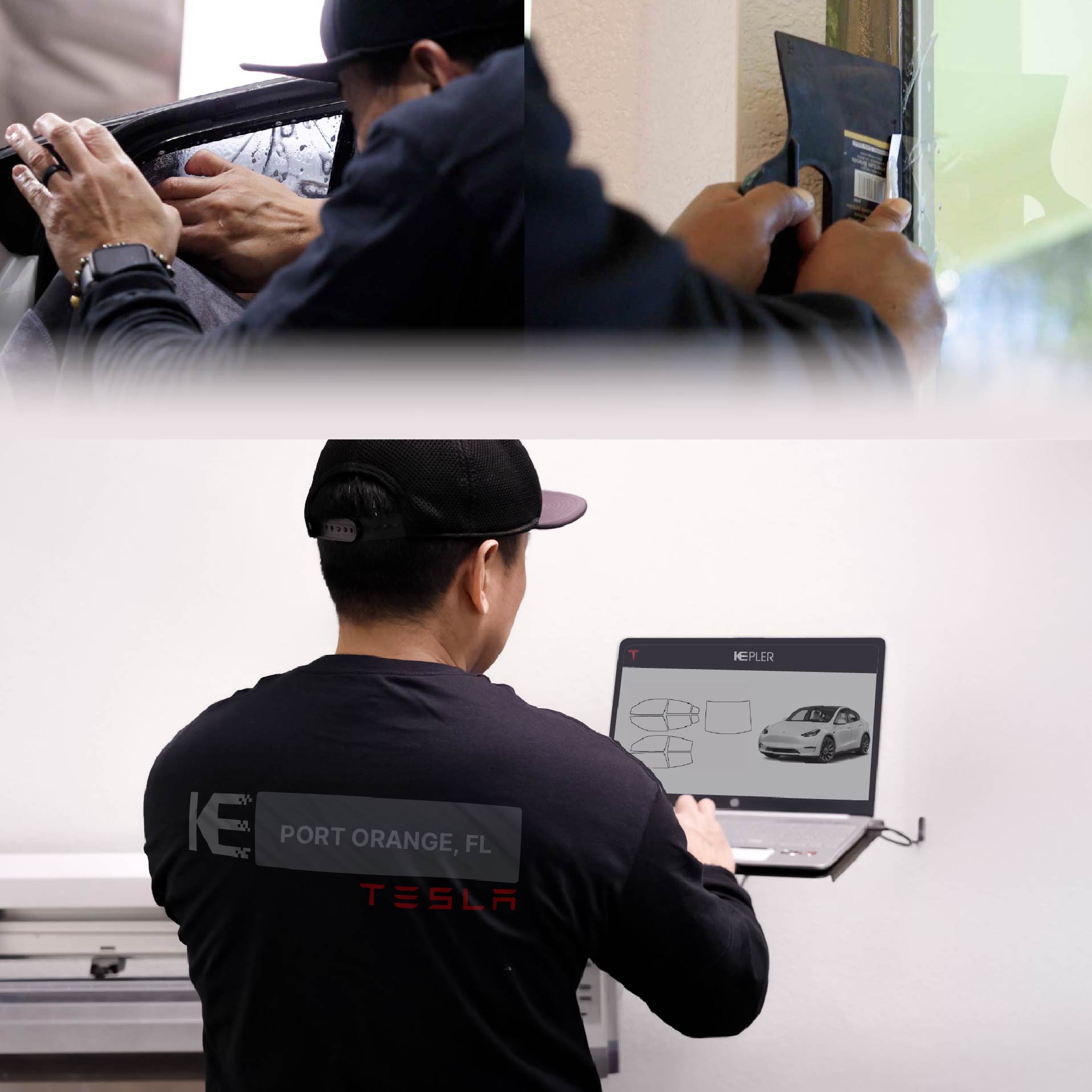 Kepler Technician Applying Ceramic Window Tint to Tesla in Port Orange