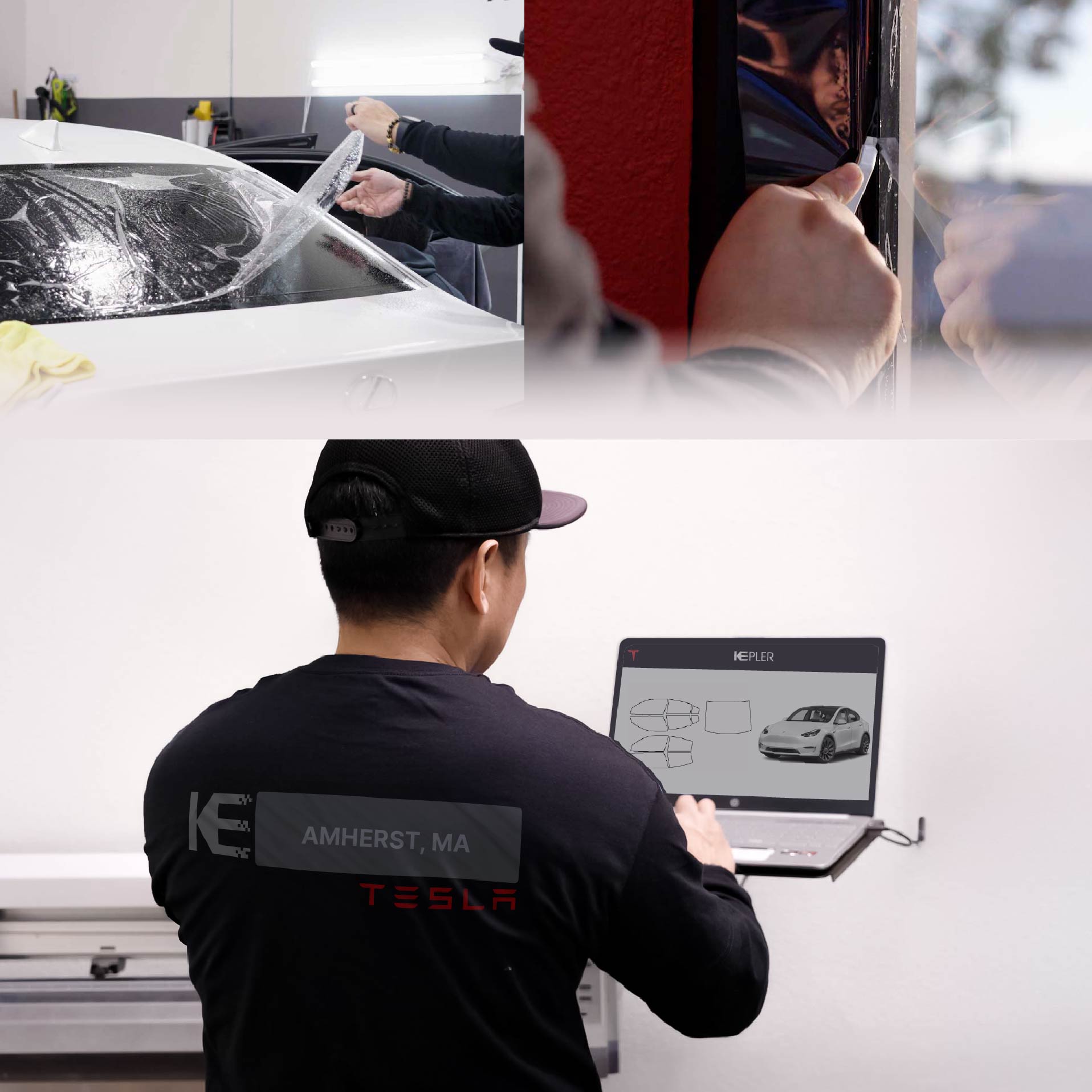 Kepler Technician Applying Ceramic Window Tint to Tesla in Amherst