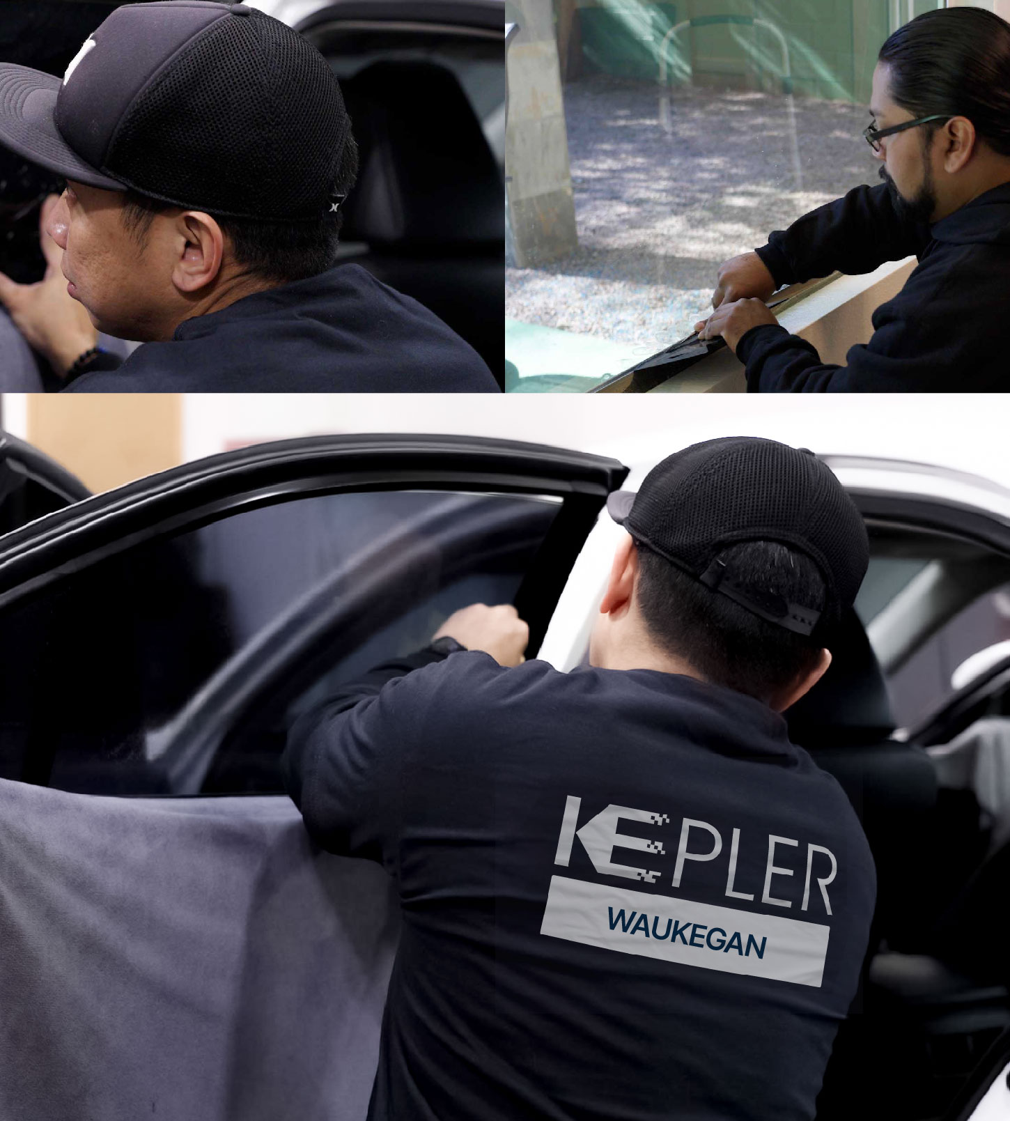Automotive Window Tinting Expert Applying Film in Waukegan, Illinois