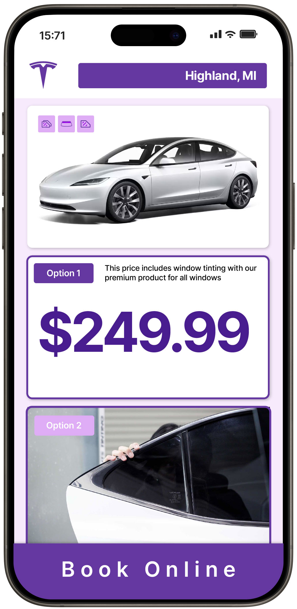 View Competitive Tesla Window Tinting Prices in Highland, Michigan