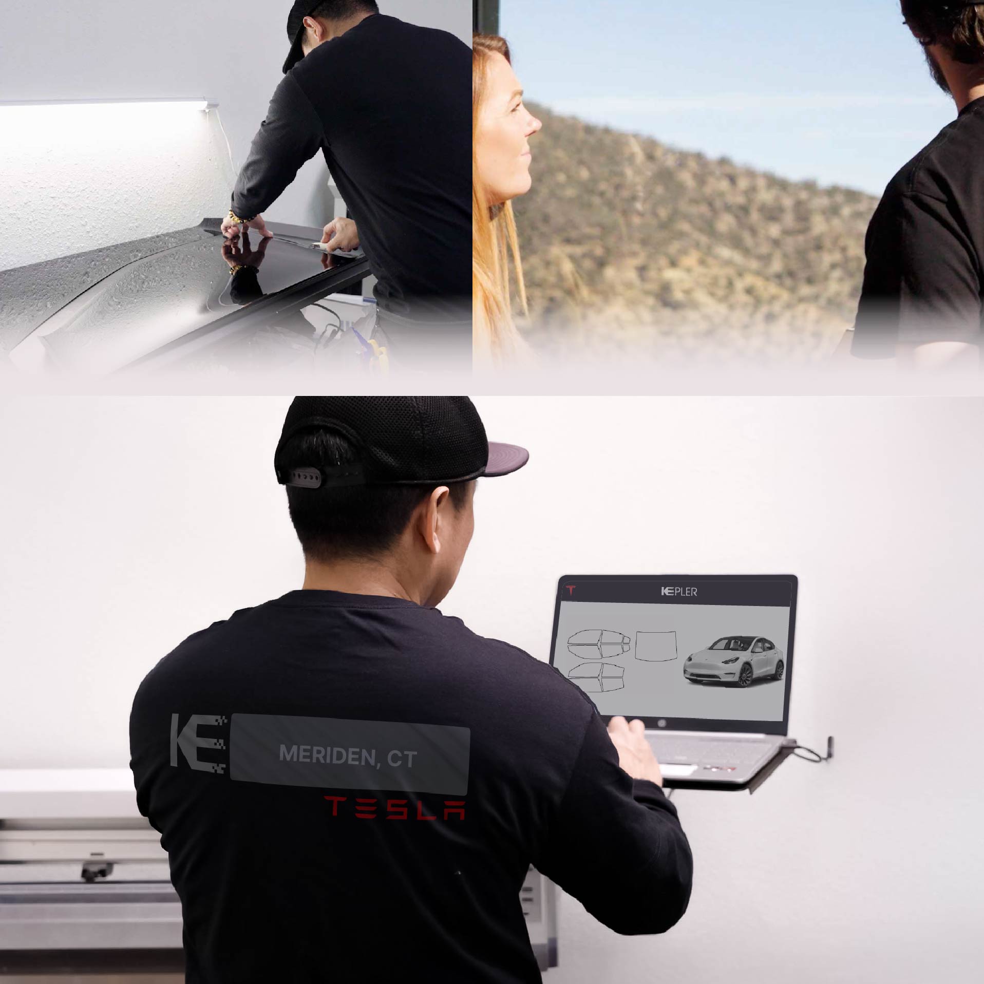 Expert Technician Applying Ceramic Window Tint to Tesla in Meriden